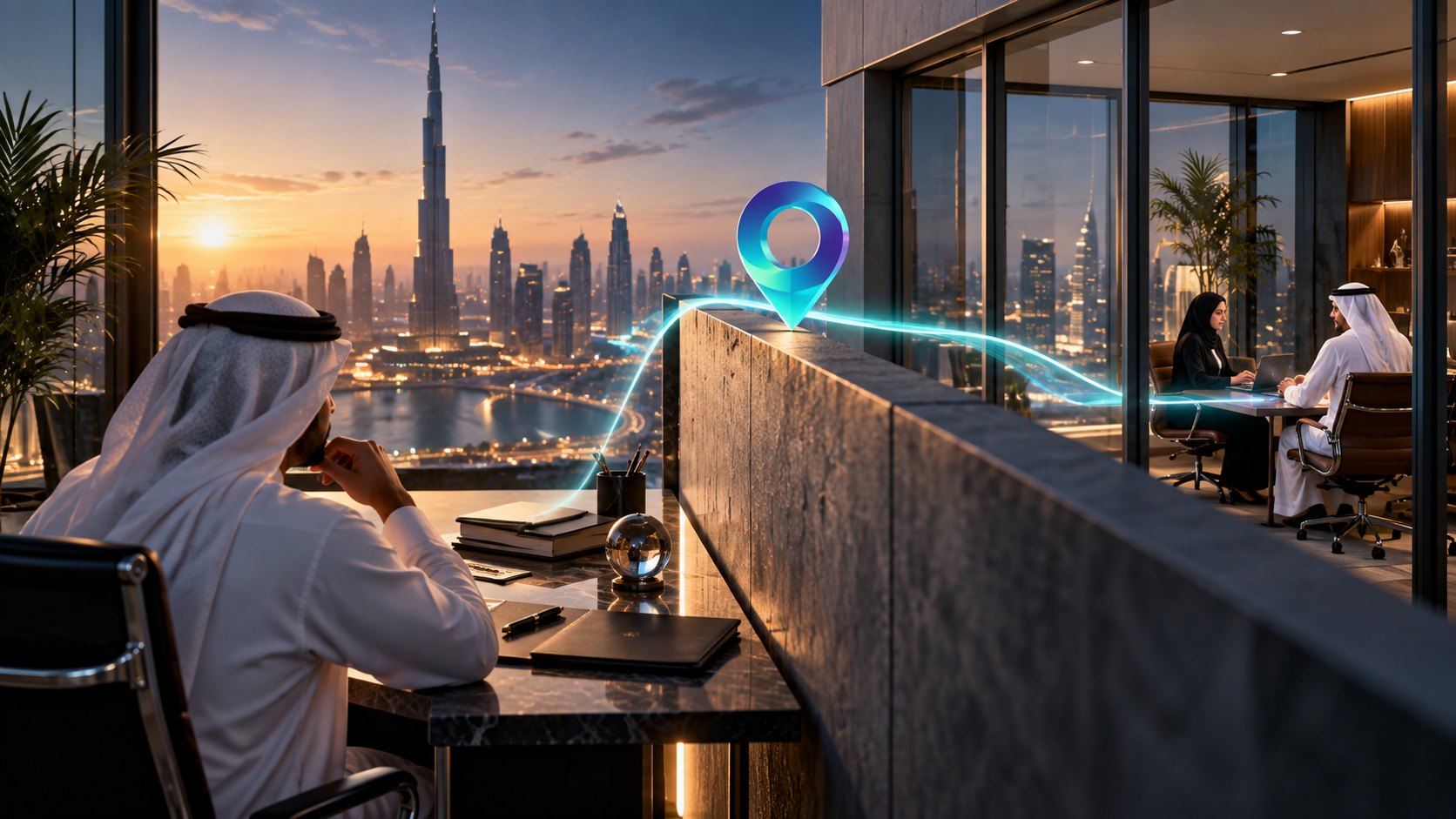 Two men working at desks in adjoining glass offices, a lit location pin arcing on light trails between them