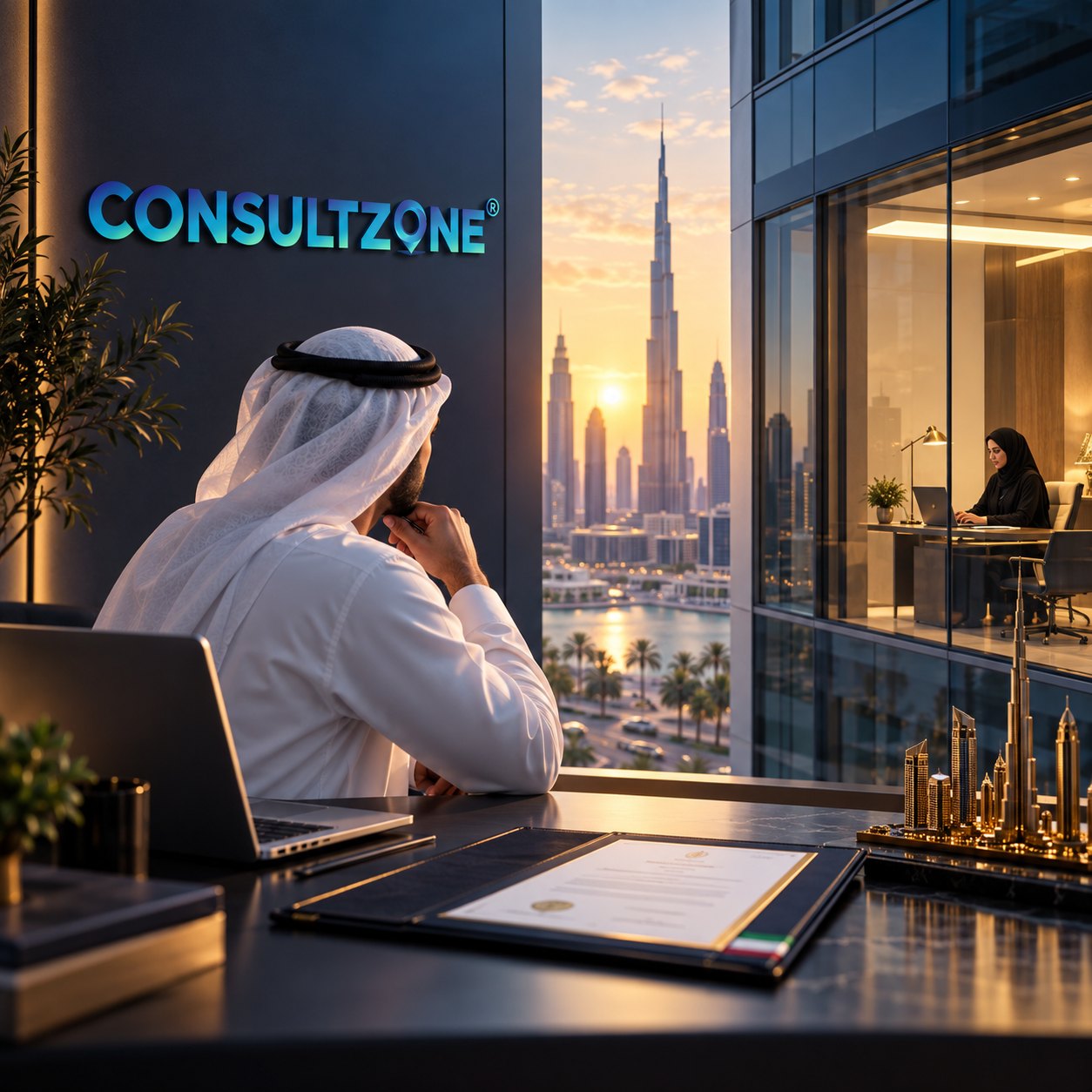 A man in a kandura at a desk with an open certificate folder, a neighbouring office lit beyond the glass