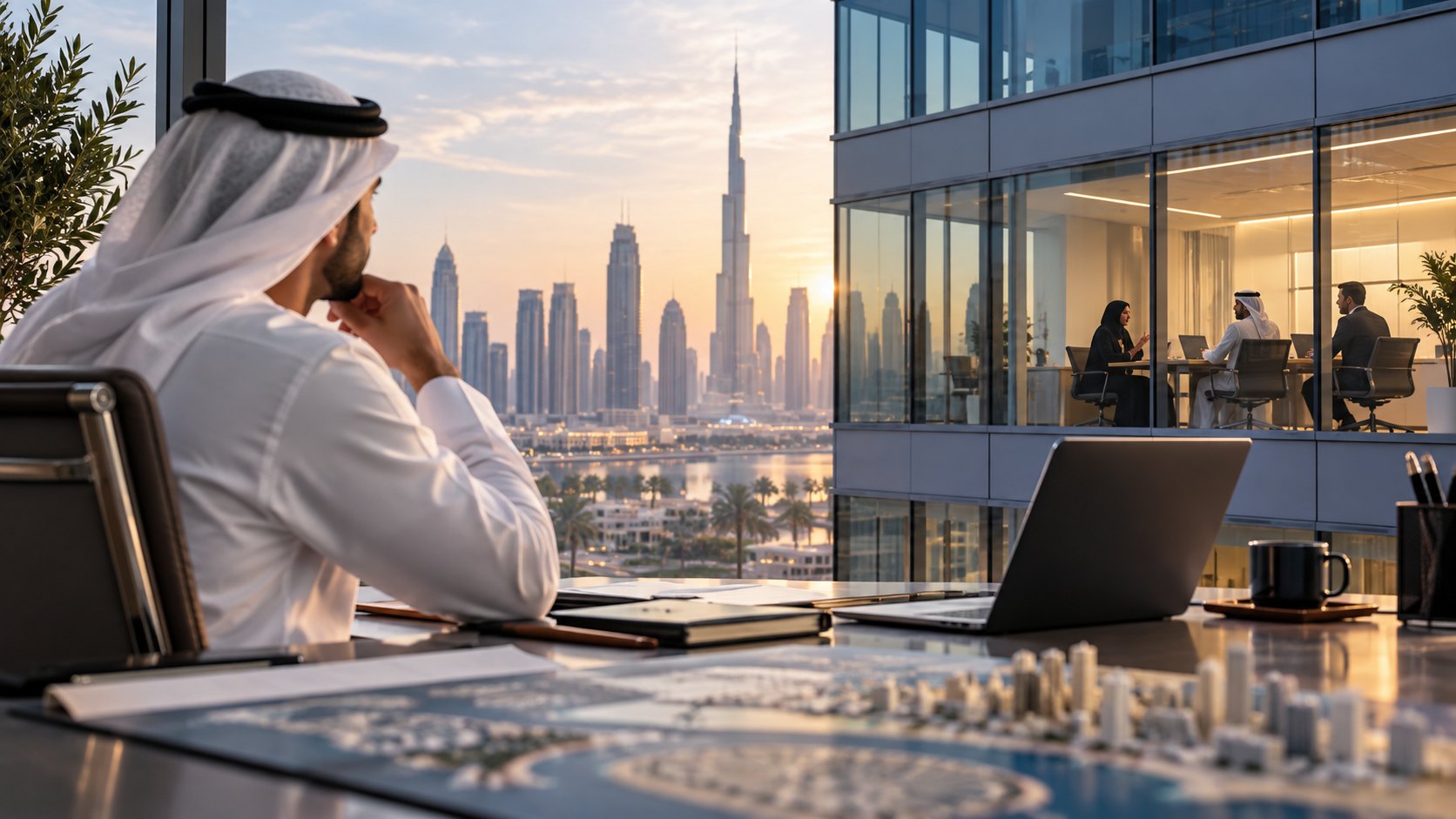 A man in a kandura turns from his desk toward the skyline, an architectural model in front of him