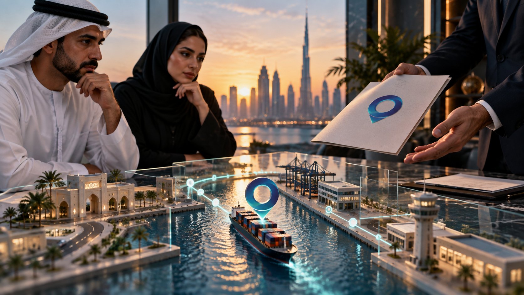 A cargo ship in the channel of a lit waterfront model studded with location pins, two onlookers behind