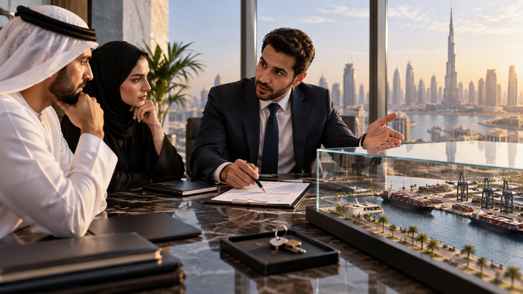 A man in a suit gestures across a cased port model to a man in a kandura and a woman
