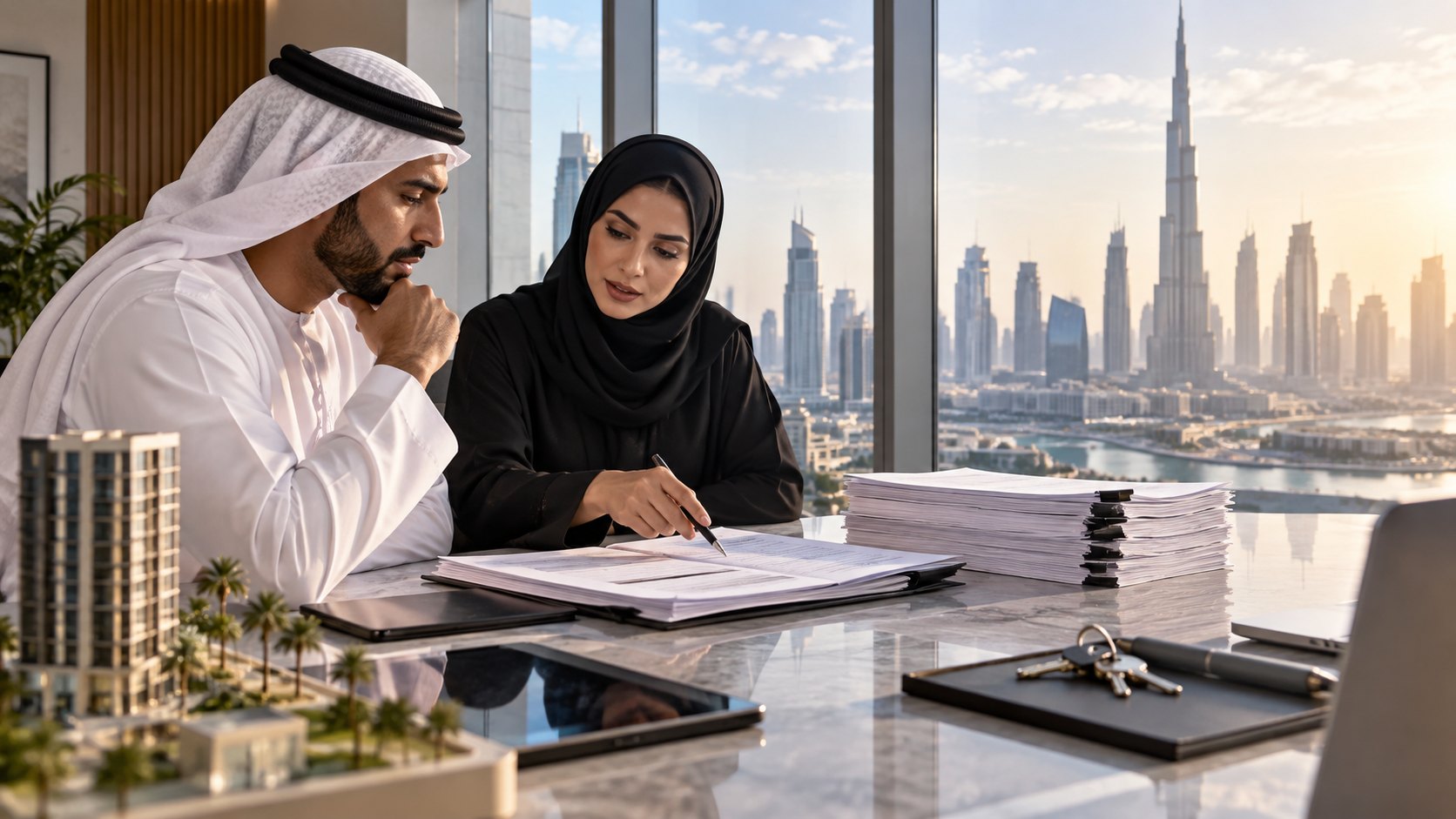 A man in a kandura and a woman go through an open binder of floor plans, stacked files alongside