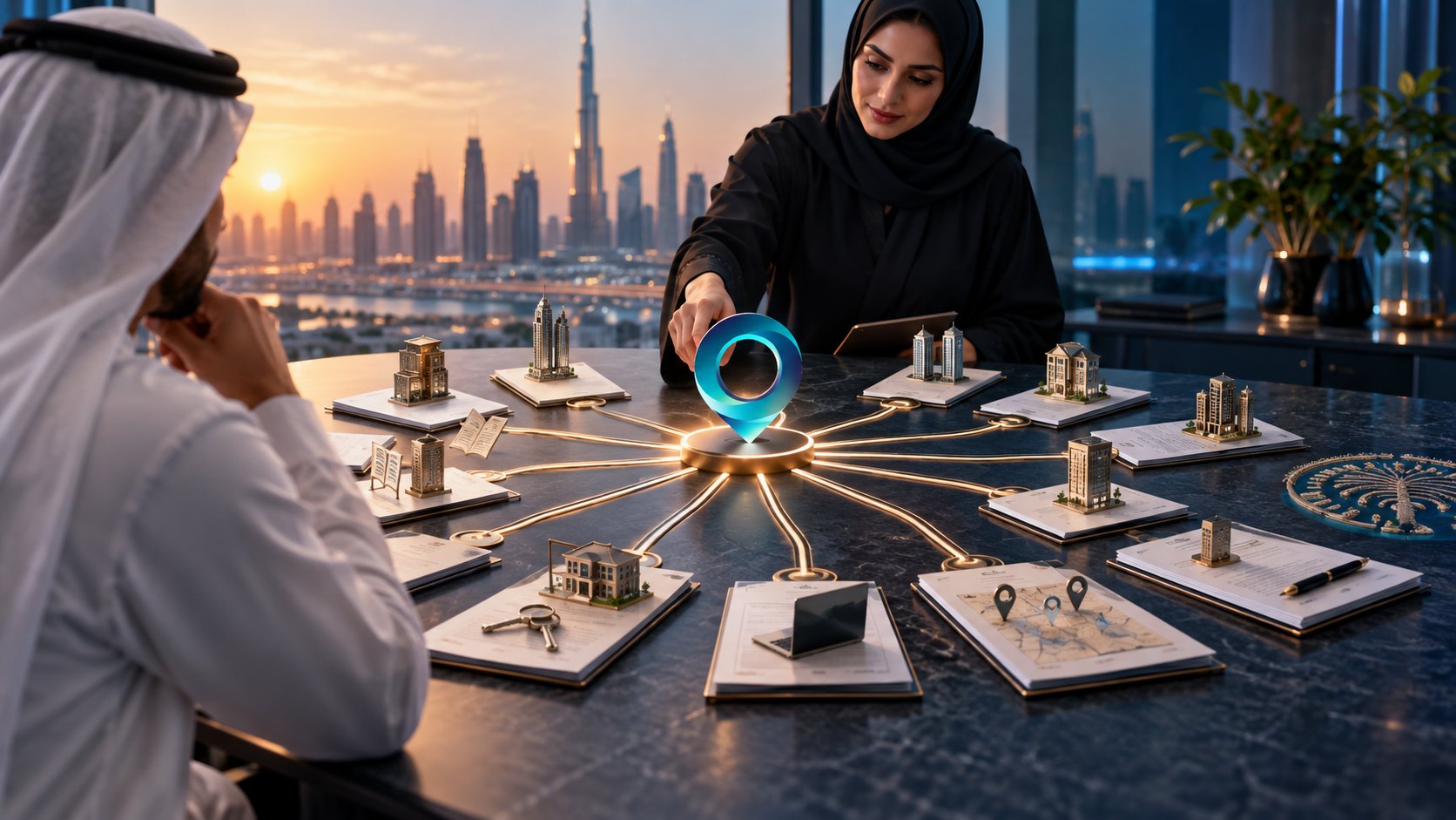 A woman reaches for a lit ring at the hub of plaques holding building models and keys