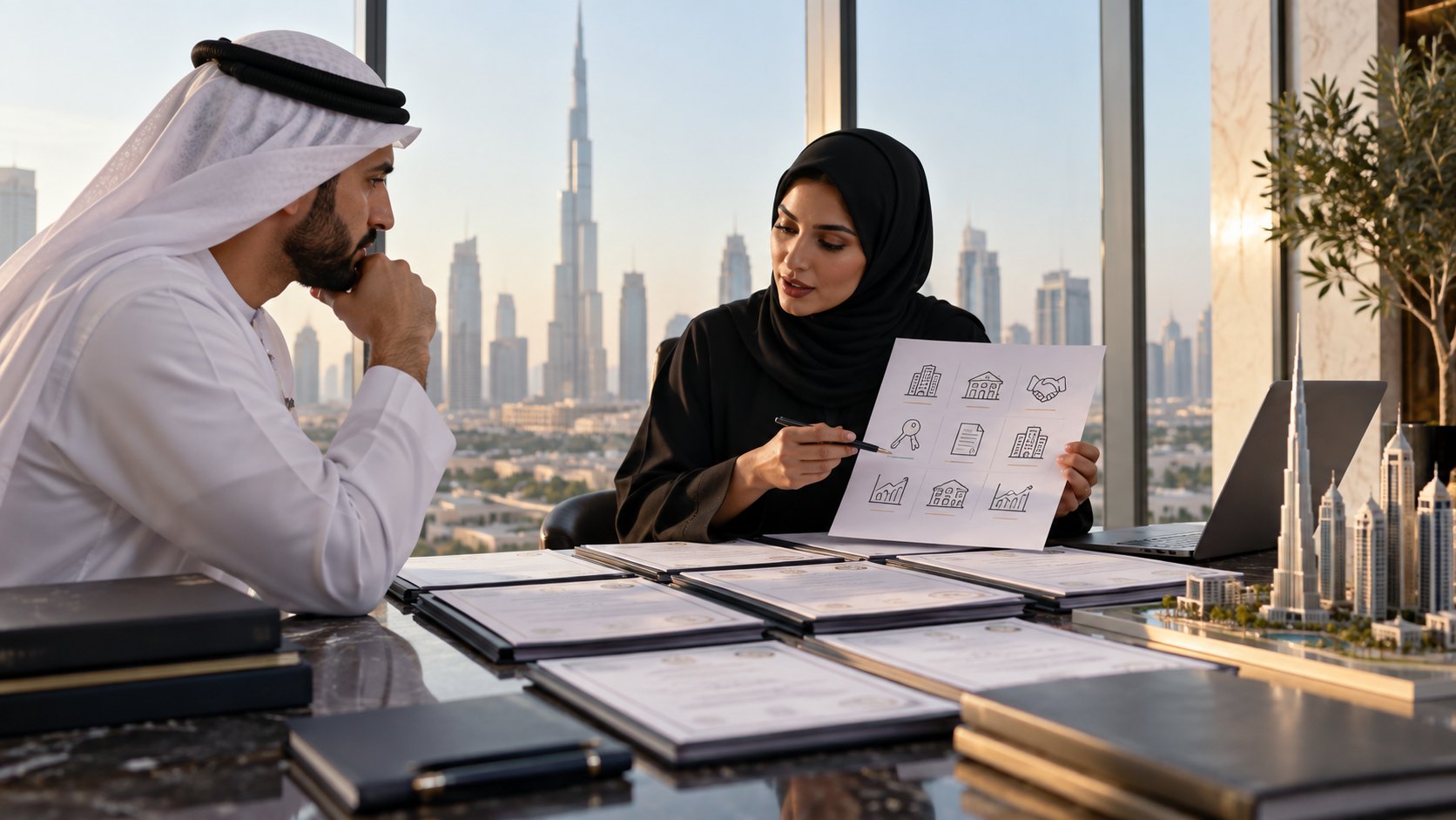 A woman holds up a sheet of property icons to a man in a kandura, folders lined up between them