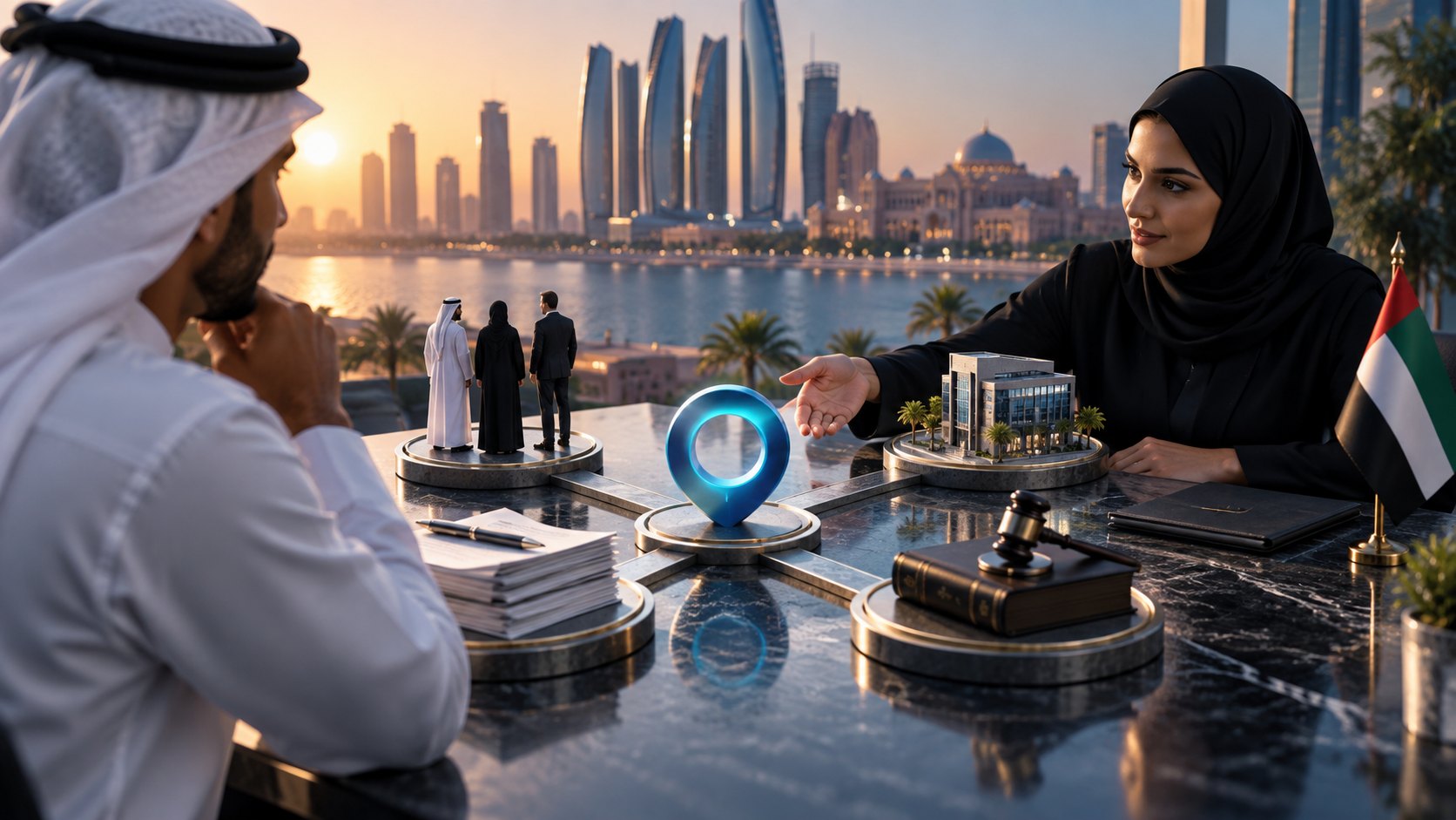 A woman reaches toward a lit location pin among plinths of figurines and a building model, Abu Dhabi beyond