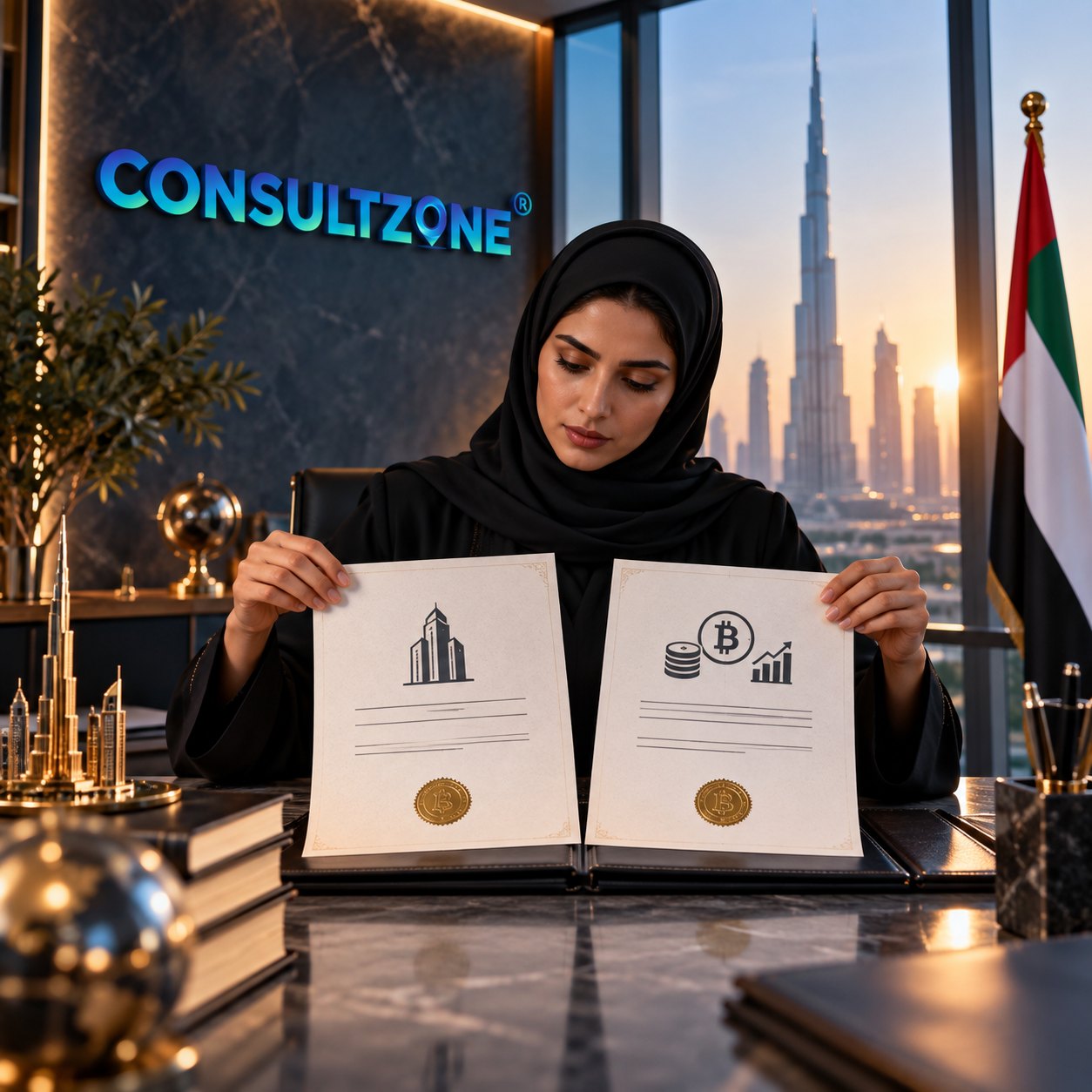 A woman holds open a ledger showing two seal-stamped pages, one marked with a tower, one with stacked coins