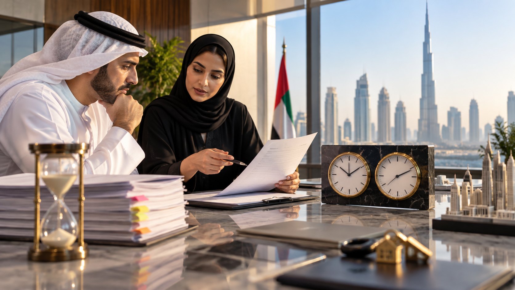 A woman points out a line on a sheet to a man in a kandura, an hourglass and clocks nearby