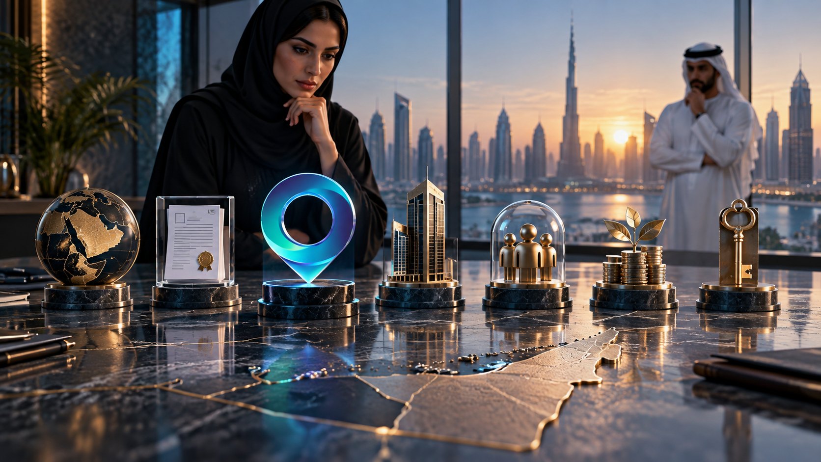 A lit pin stands among glass cases holding a globe, a certificate, a tower and coins, a cracked map below