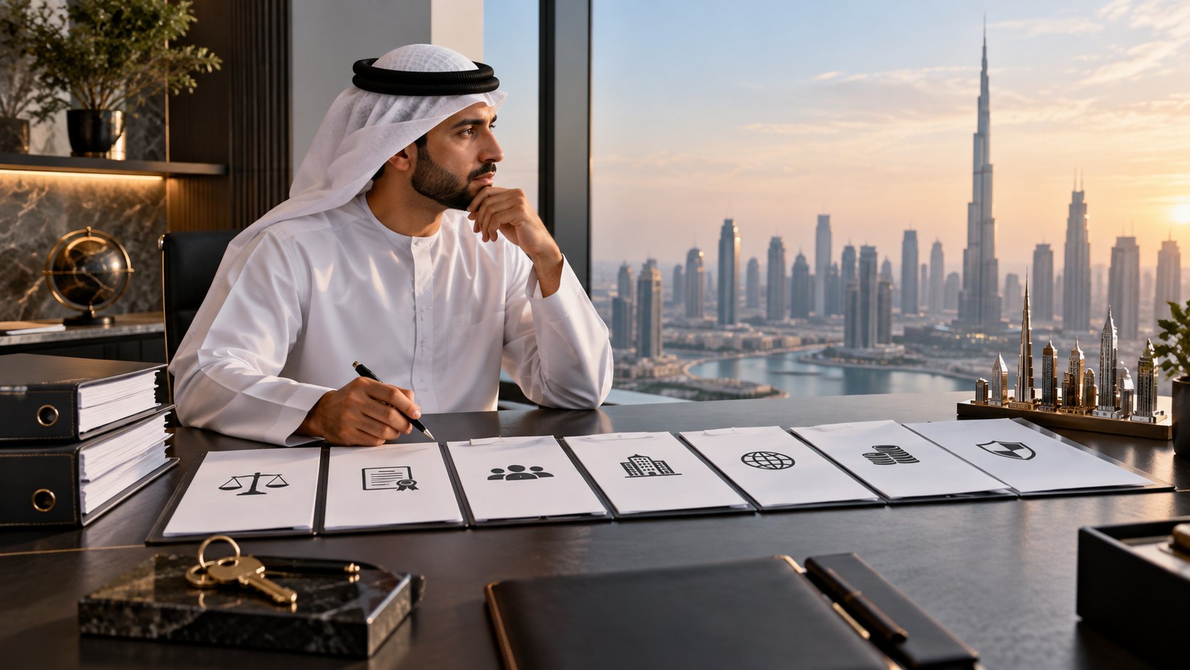 A man in a kandura weighs a row of printed cards showing scales, people, a building and a shield