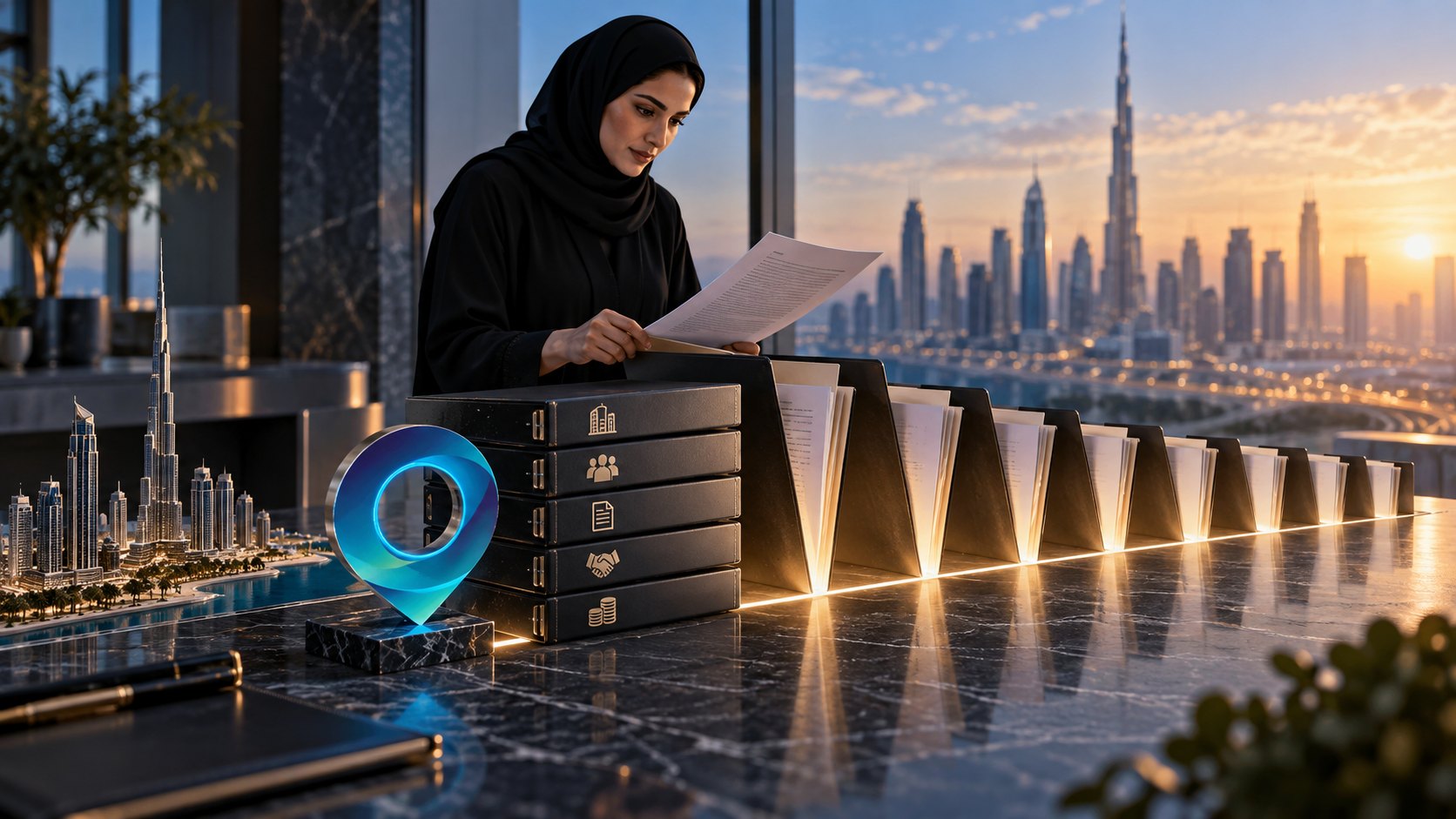 Woman in an abaya reading a sheet behind stacked file drawers and a lit fan of markers