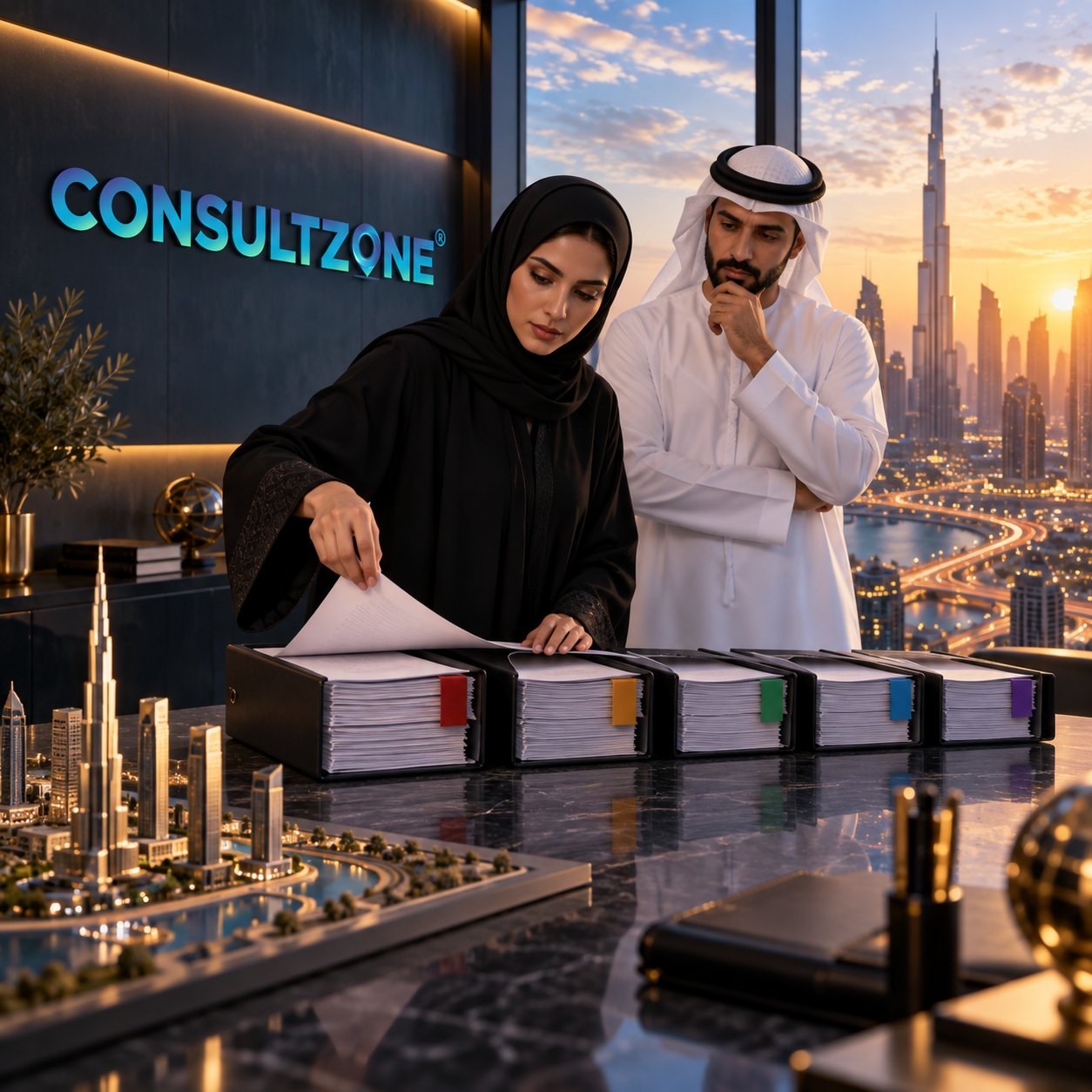 Woman in an abaya turning pages of a file above a row of lever-arch binders while a colleague watches