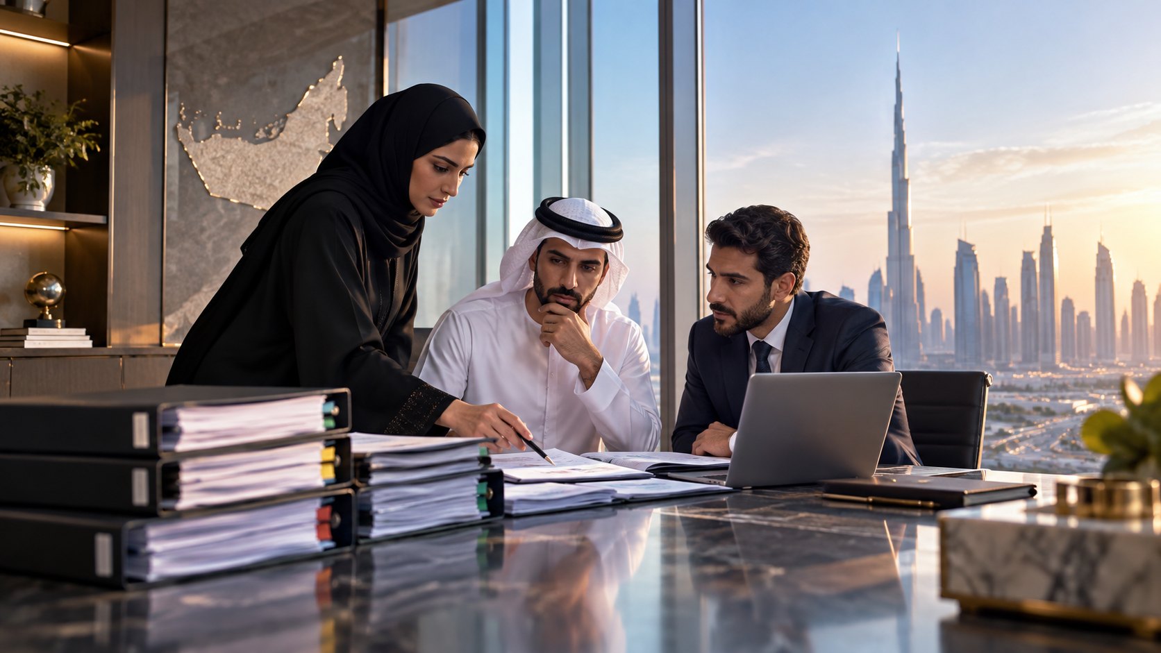 Three colleagues studying a laptop and an open file beside a stack of binders, Burj Khalifa beyond