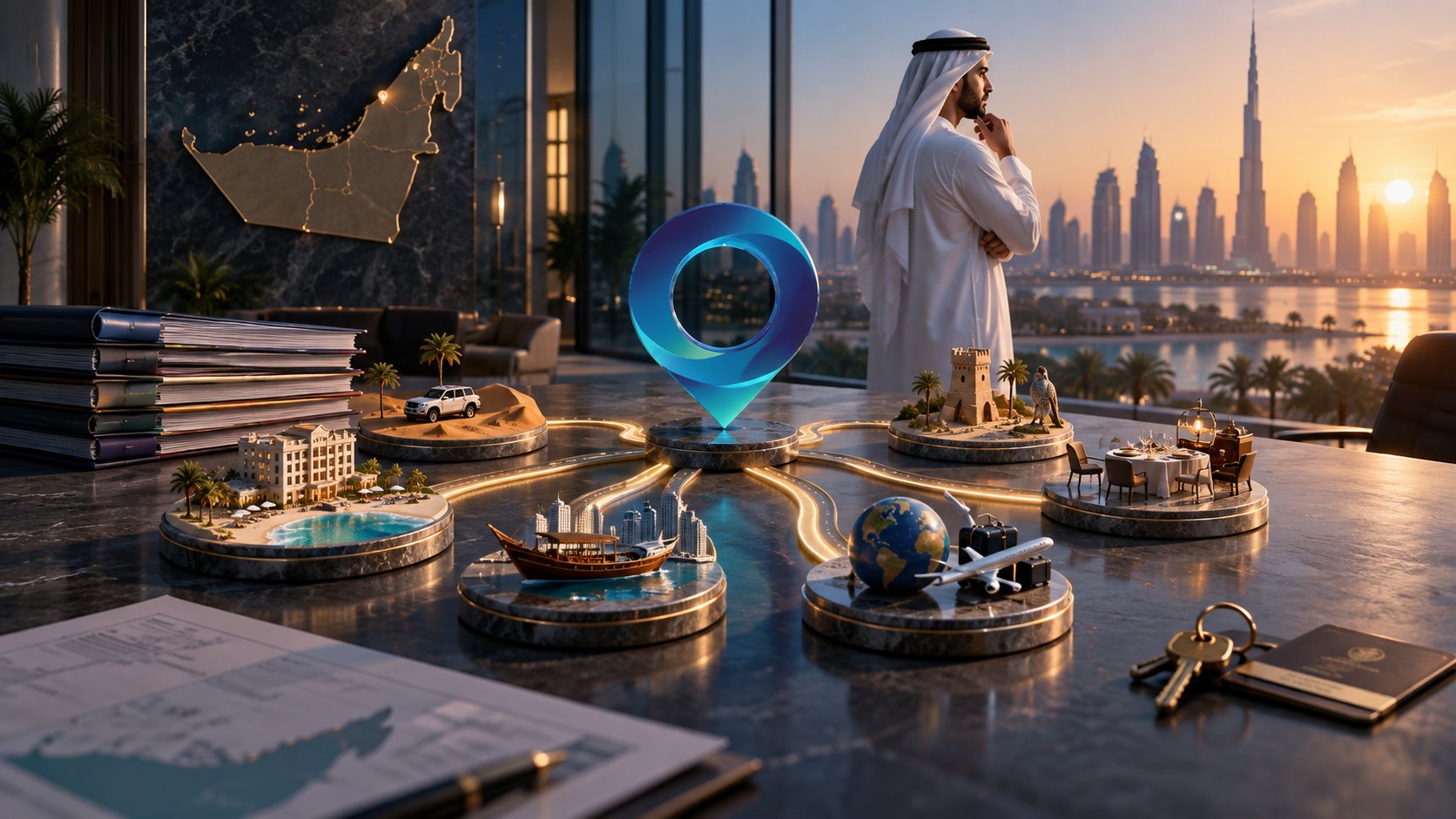 Man in a kandura on a phone beside a winding lit model route of resorts, aircraft and landmarks