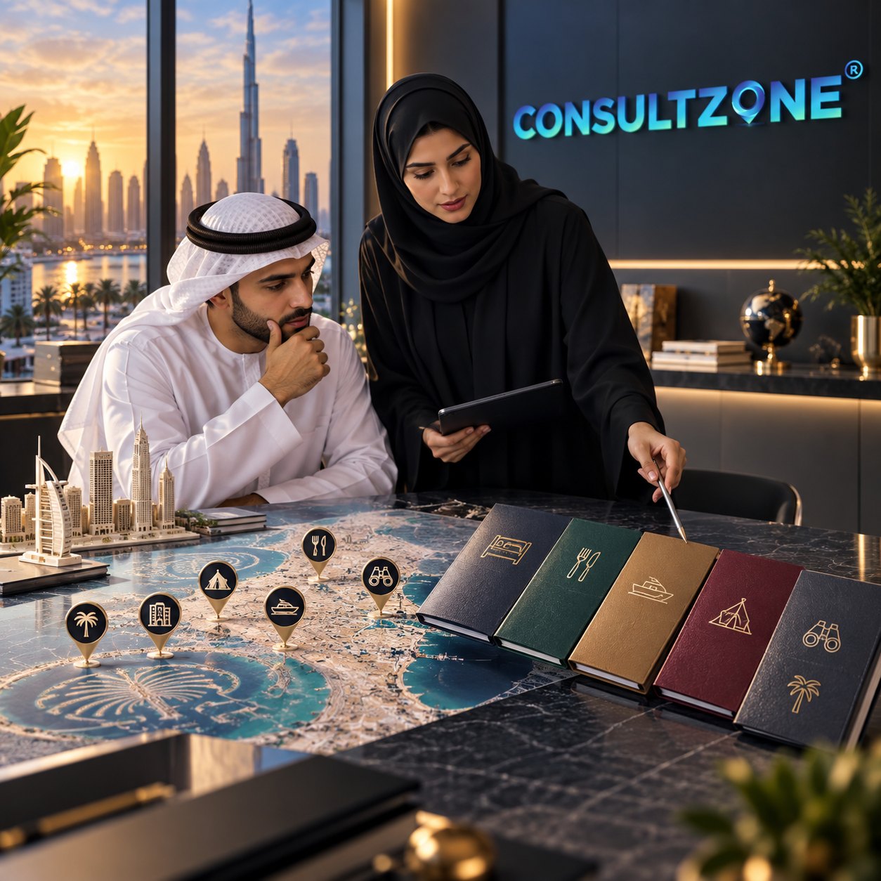 Woman with a tablet points across gold-stamped booklets and icon discs set on an aerial map of the Palm