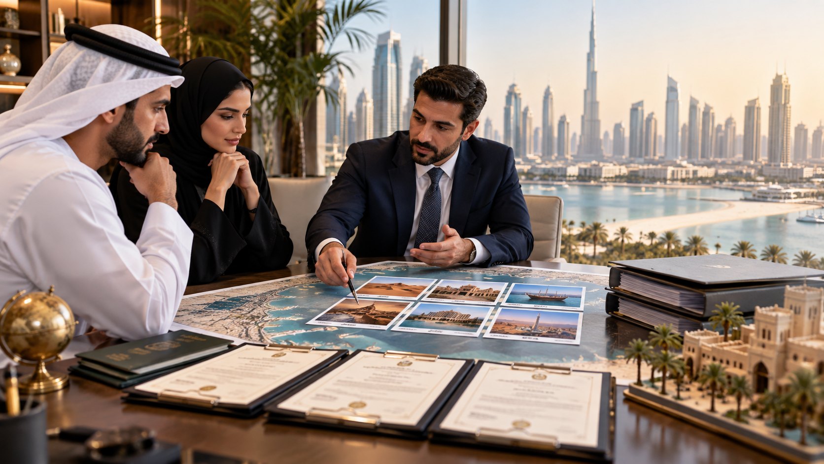 Man in a suit gestures over printed resort photographs spread on a table while two colleagues listen