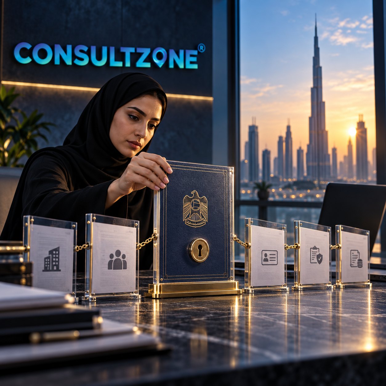 Woman in an abaya steadies a locked document case among small icon stands joined by a chain