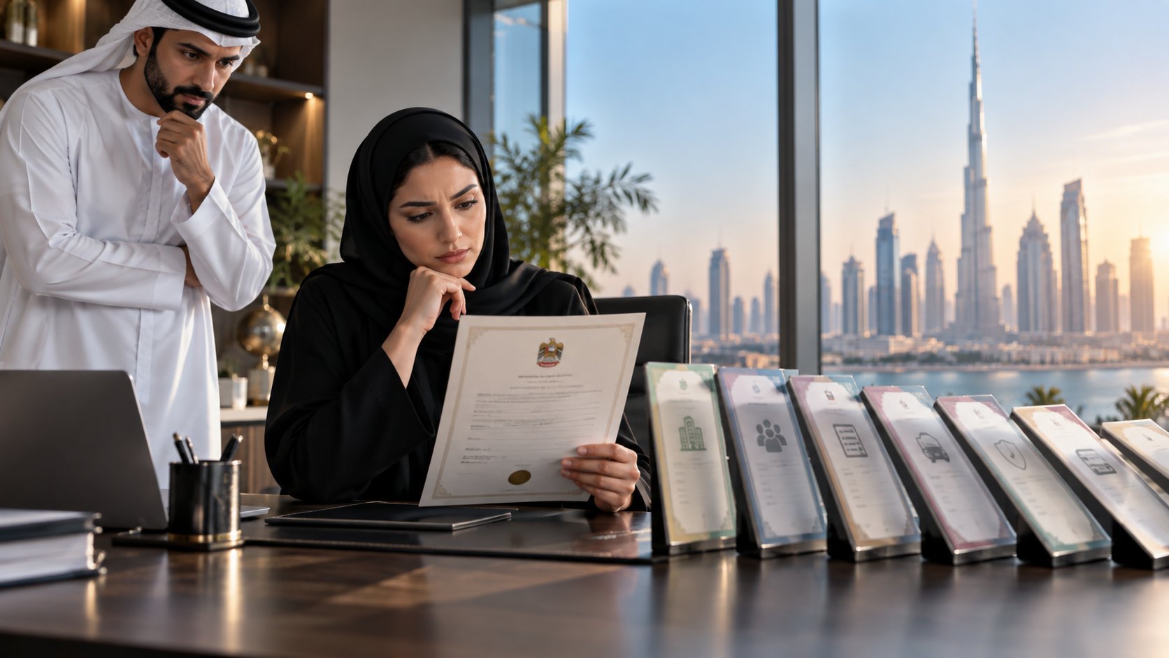 Woman in an abaya reads an emblem-headed certificate at a desk while a colleague watches over her shoulder