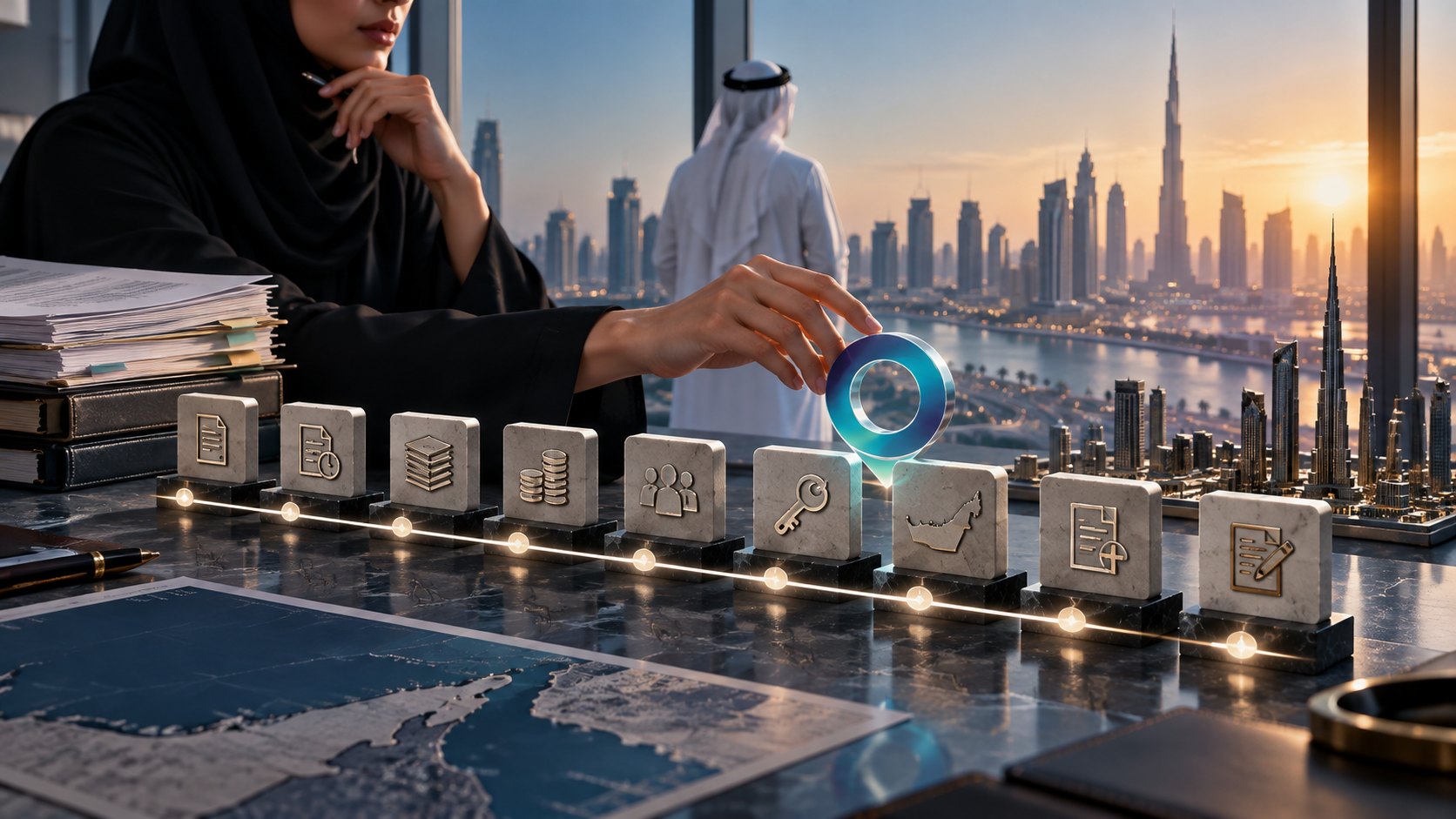 Woman in an abaya reaching toward engraved blocks on a lit counter, a glowing ring at their centre