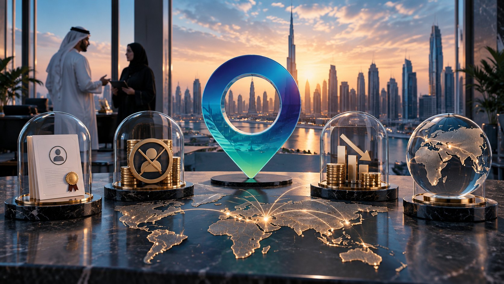 Giant location pin with a tower silhouette cut into it, standing among glass domes on a lit world map