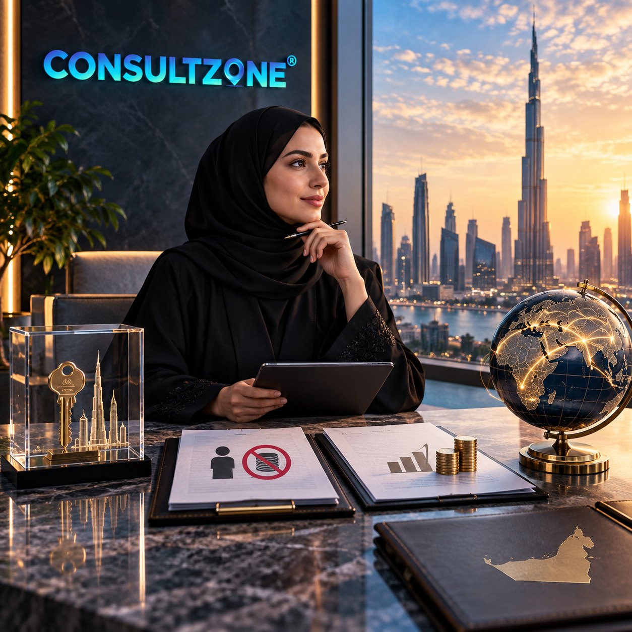 Woman with a tablet at a desk beside an open binder of icon pages, a lit globe alongside