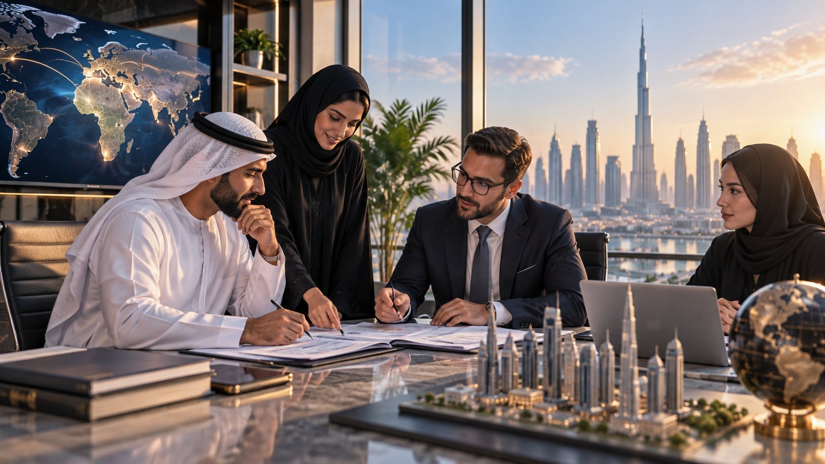 Four colleagues around a boardroom table sign papers beside a scale model of a high-rise district