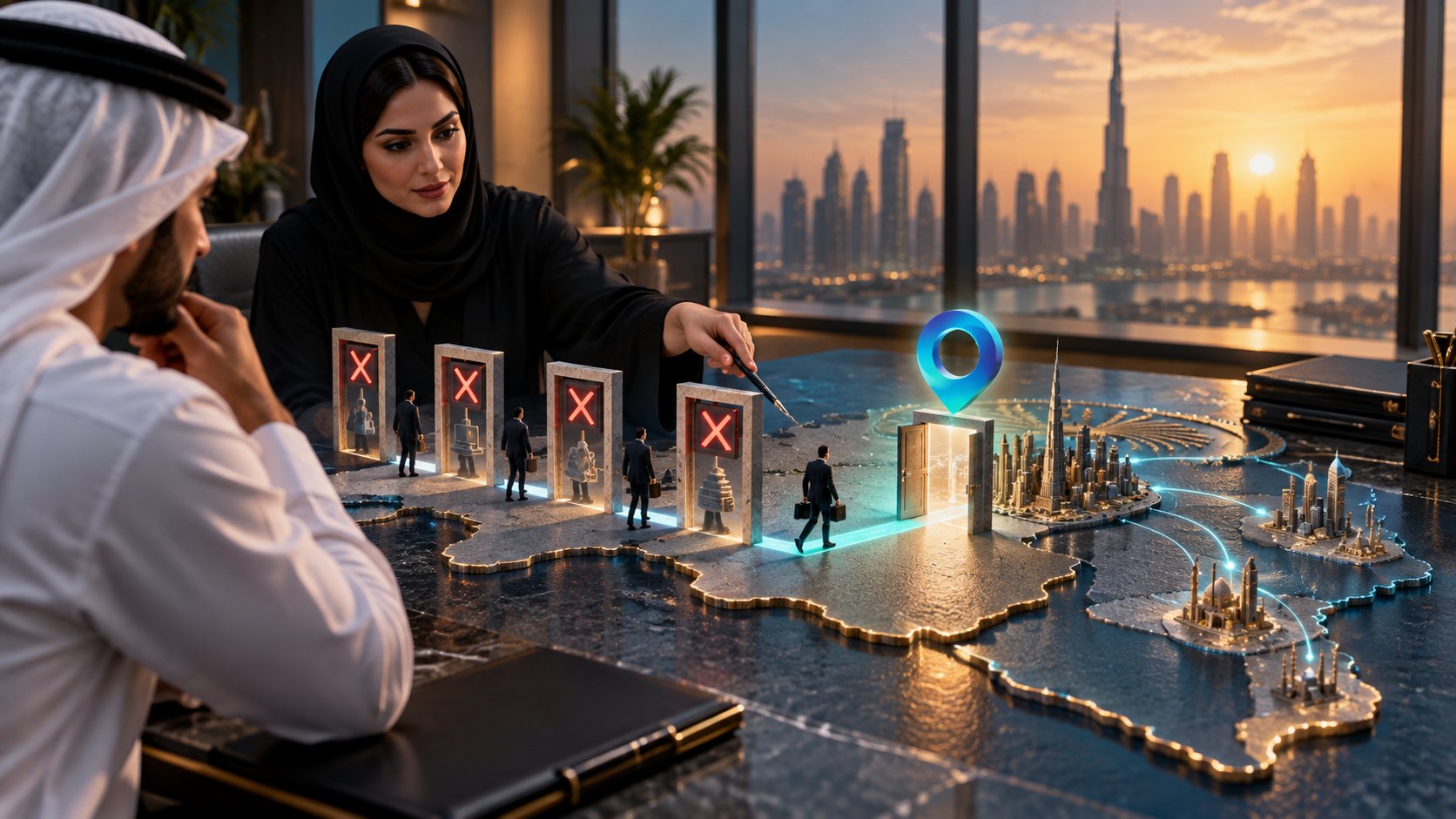 Woman with a pointer over a lit tabletop map of the UAE, cards marked with crosses beside her