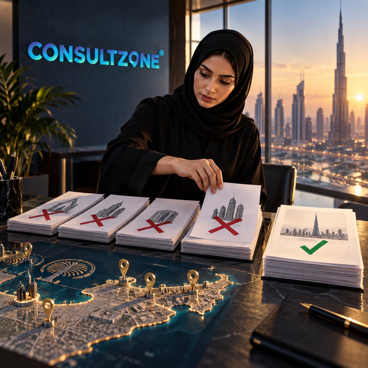 Woman in an abaya lays a sheet on four stacks marked with crosses, a fifth marked with a tick