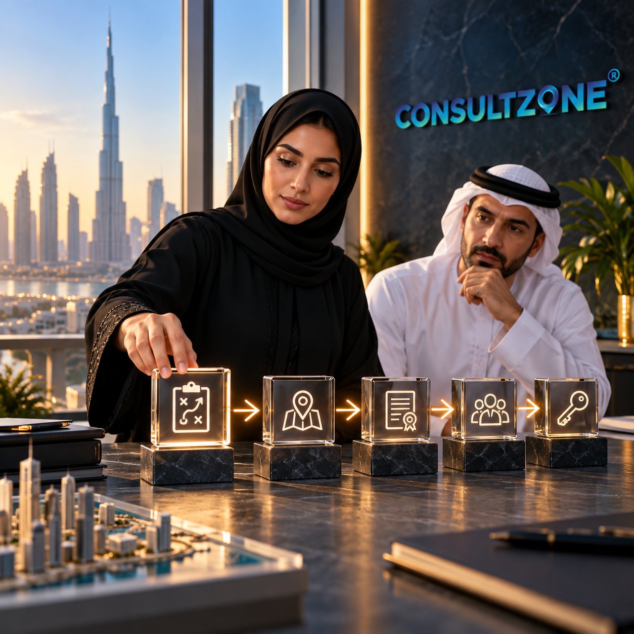 Woman in an abaya touches the first of five lit glass blocks joined by arrows, icons engraved inside