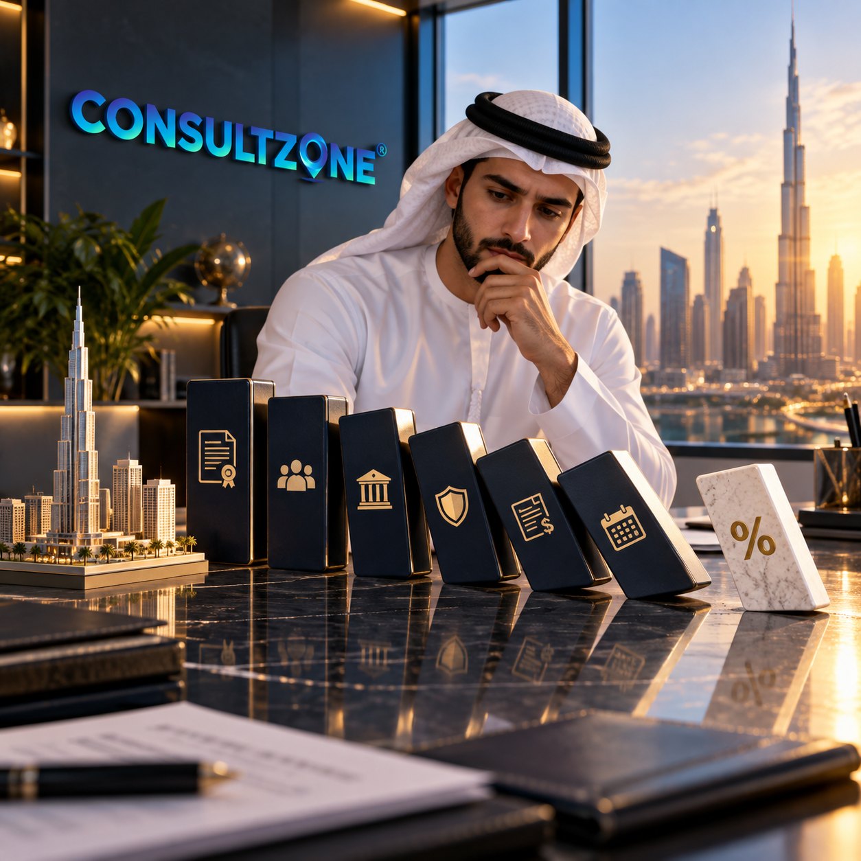 Man in a kandura watches a line of engraved blocks toppling toward one marked with a percentage sign