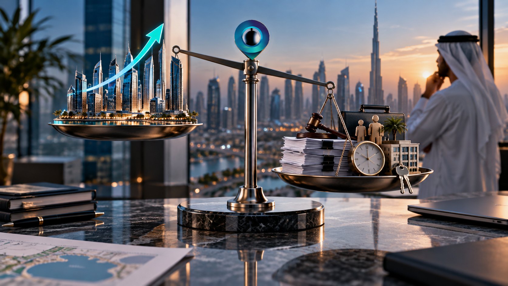 Balance scale weighing model towers against stacked files, a gavel and a clock, location pin at the pivot