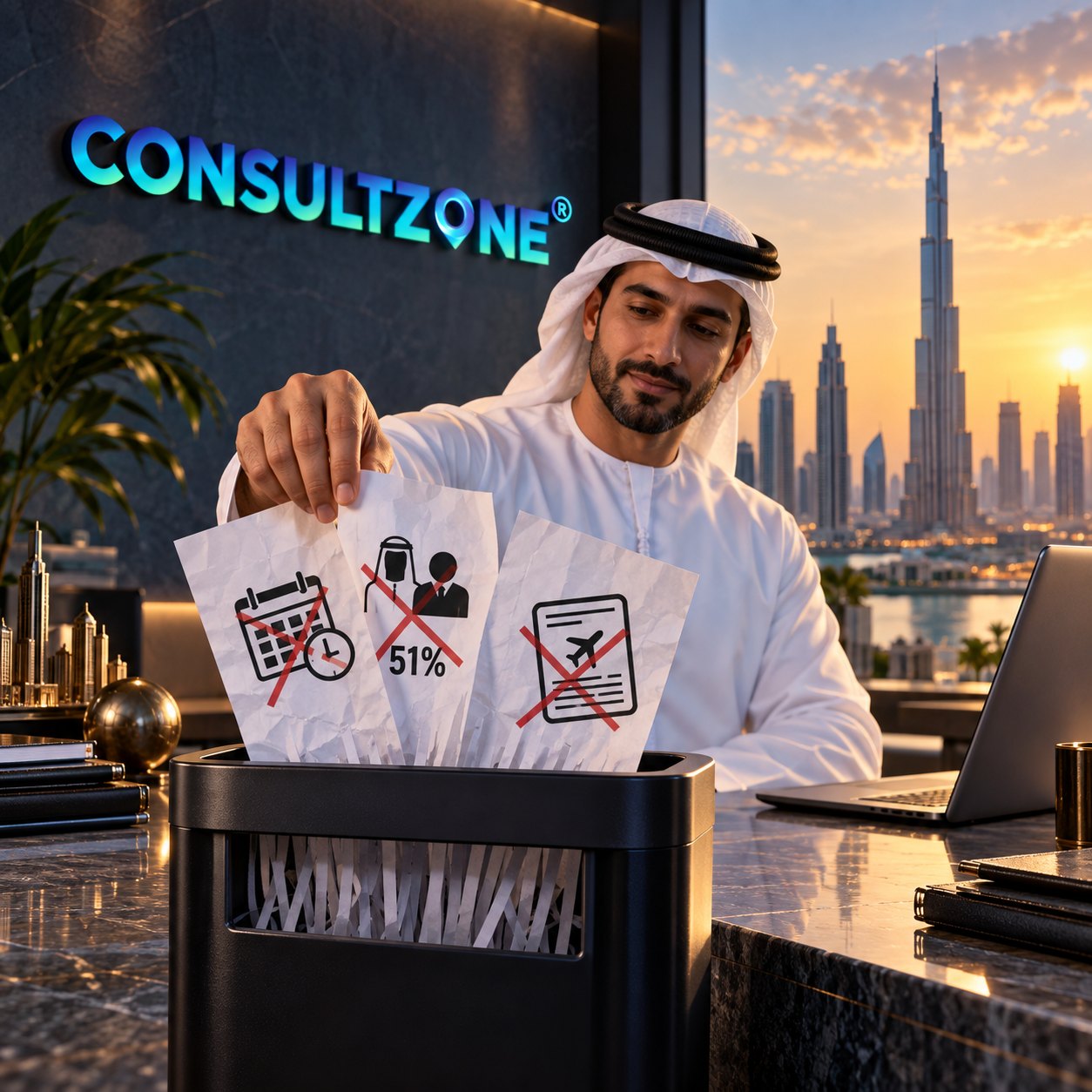 Man in a kandura drops two crossed-out printed notices into a desk shredder