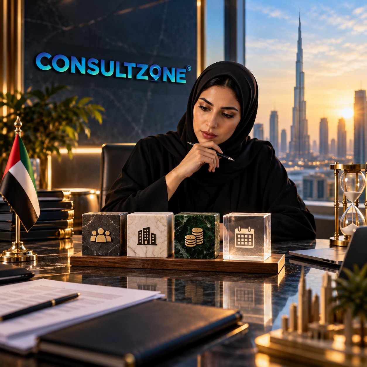 Woman at a desk behind four glass cubes engraved with people, tower, coin and calendar icons, hourglass alongside