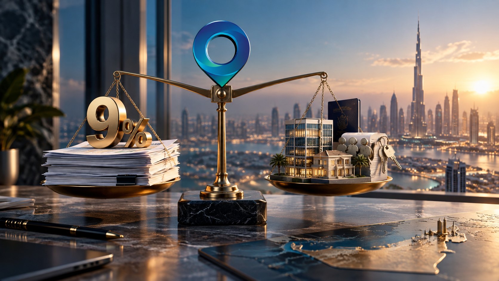 Balance scale weighing a numeral on stacked documents against model buildings, location pin on the beam