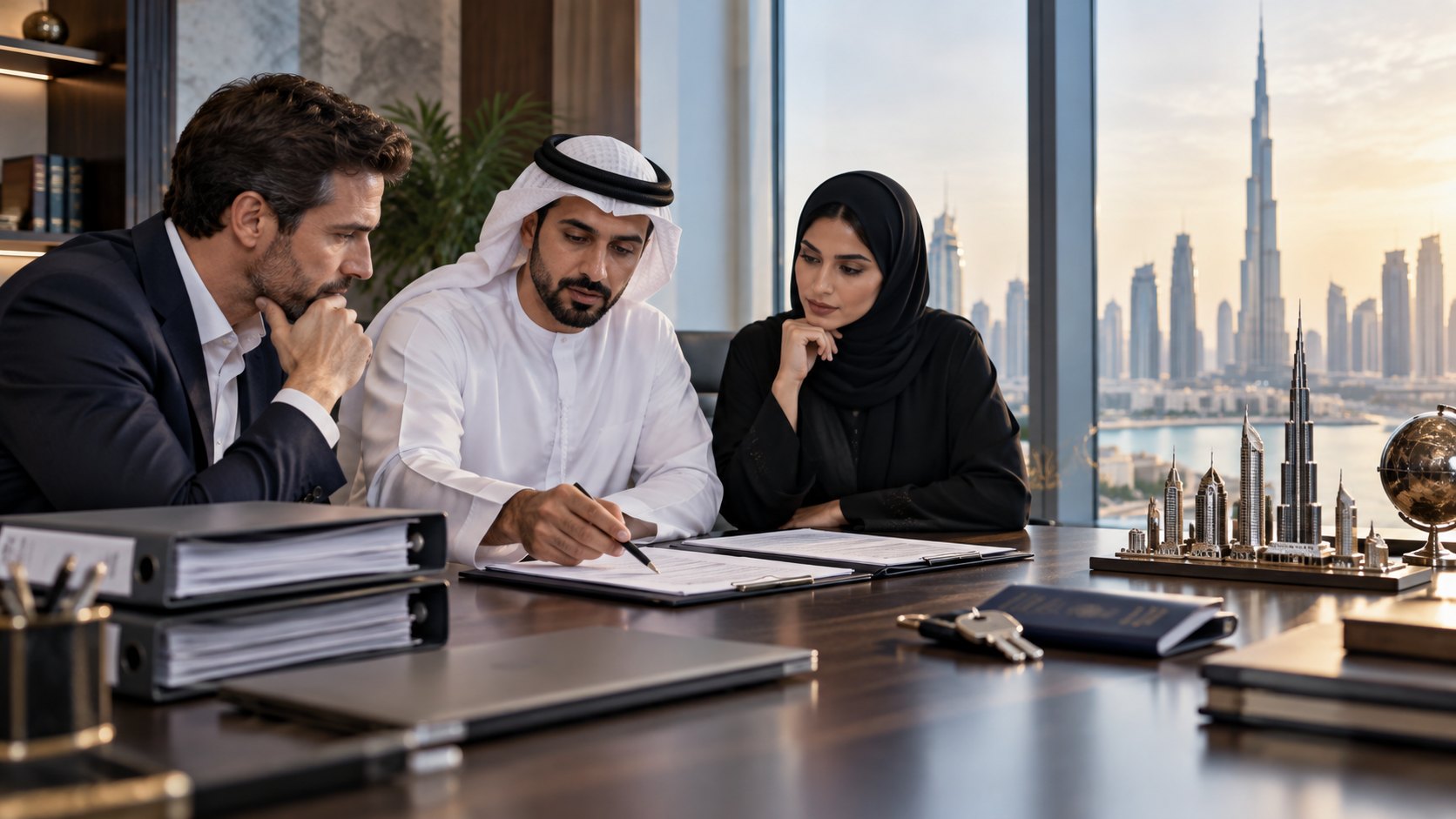 Man in a kandura signs a document between two colleagues, binders and a city model on the table