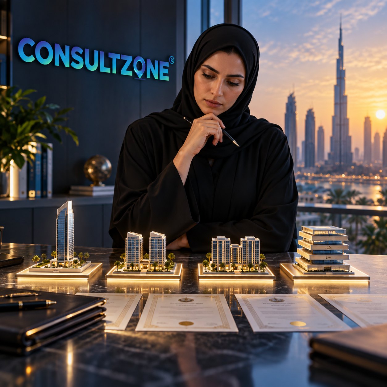 Woman with a pen behind four lit building models, three sealed certificates laid out in front