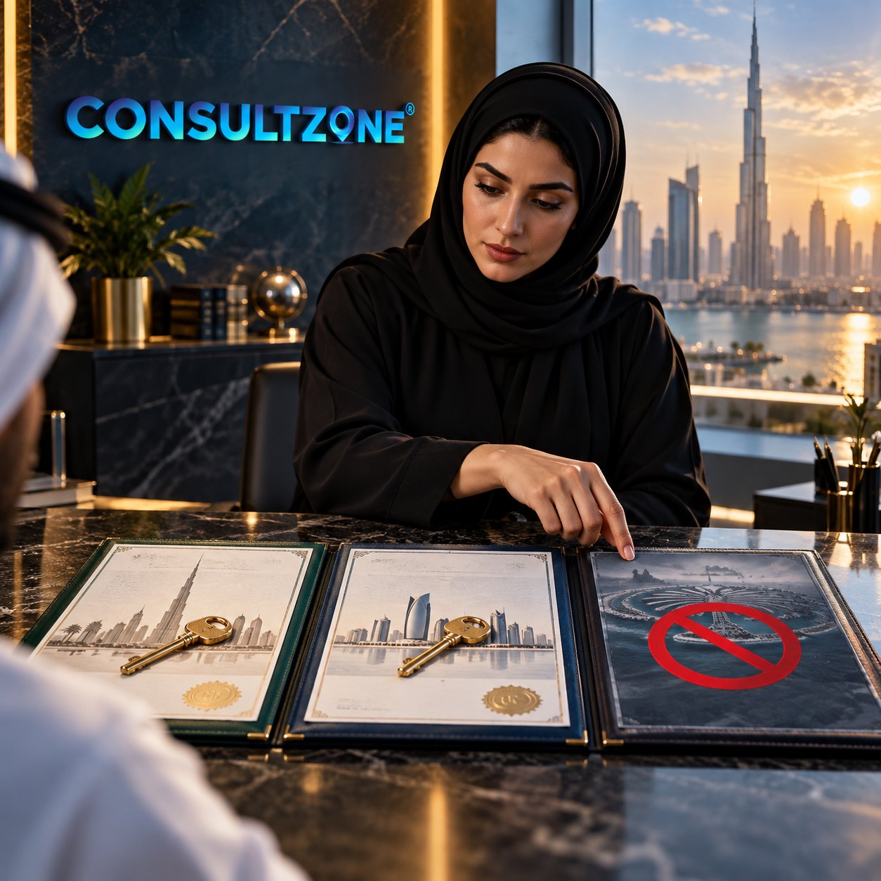Woman at a stone counter with three folders of sealed certificates and gold keys, one barred by a red sign