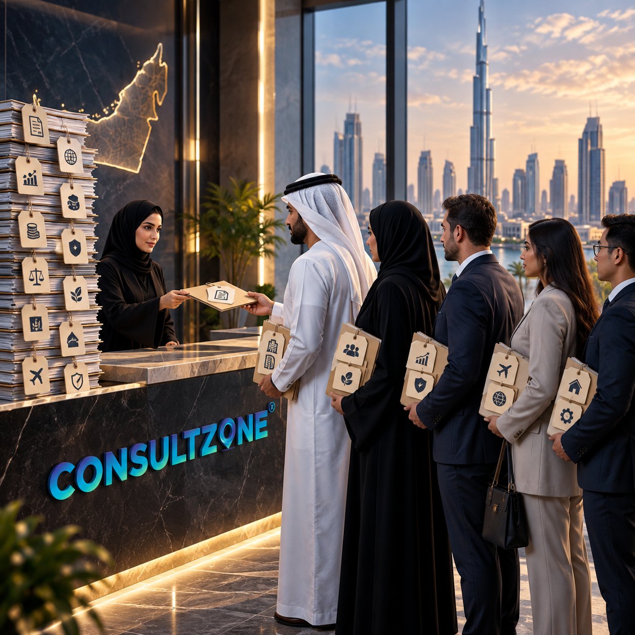 Queue of people holding icon-marked cards at a counter as a receptionist hands one across