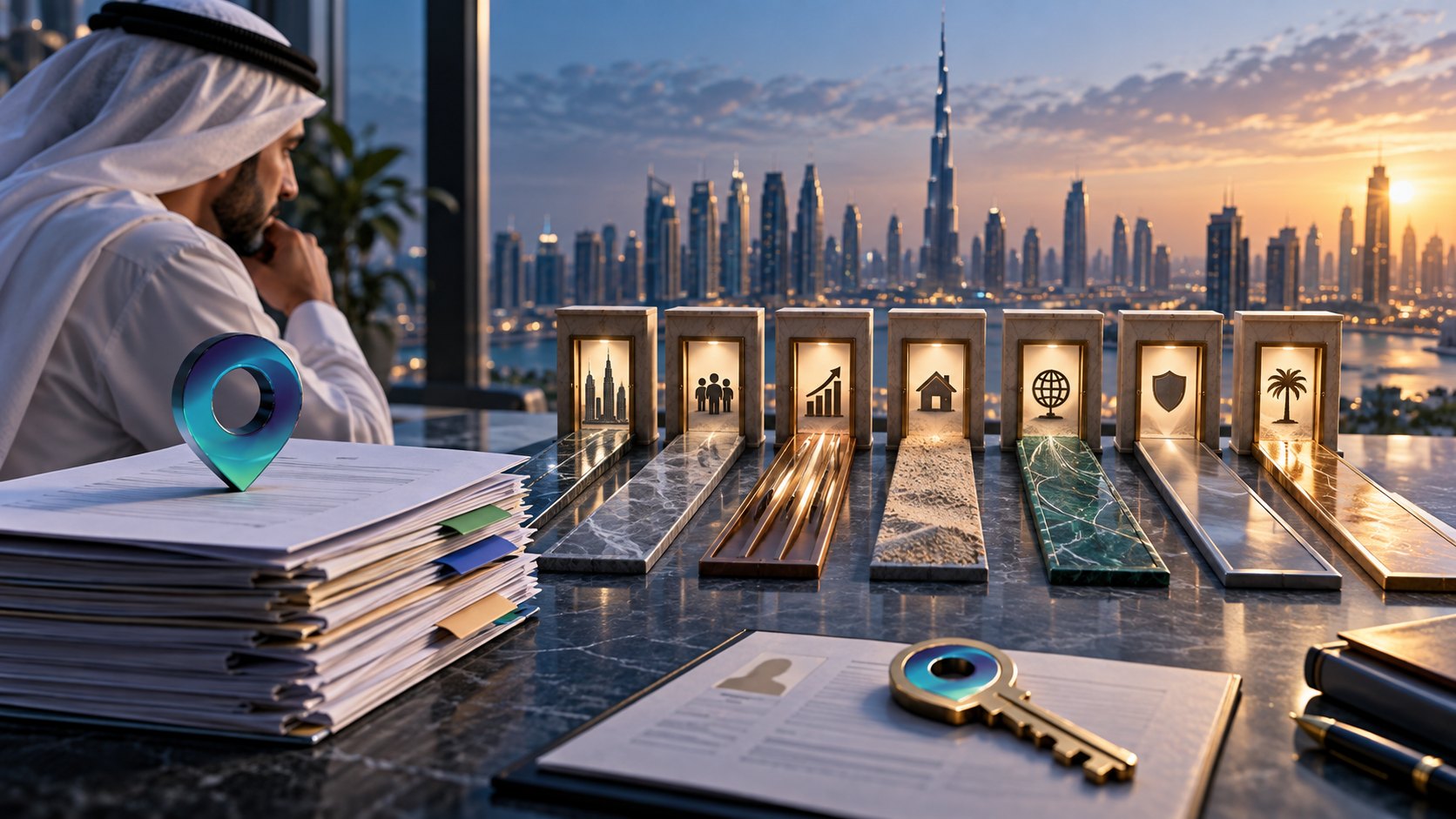 Row of lit icon panels set into a counter beside a thick file stack and a gold key