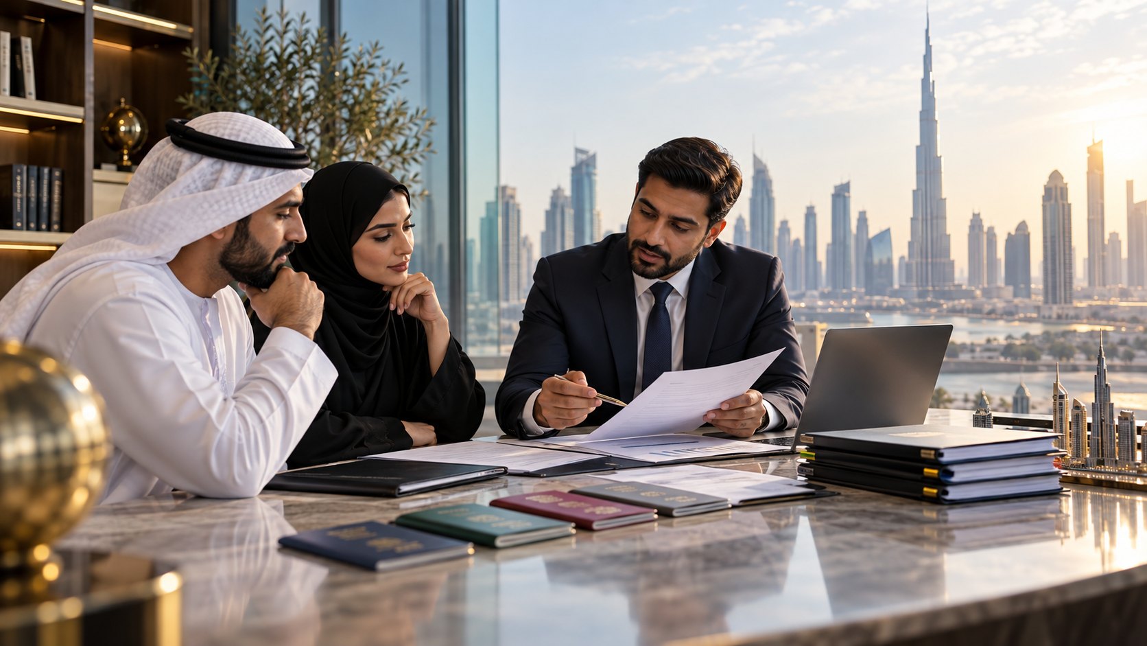 Adviser reads from a document to two clients at a marble desk, laptop and folders beside him