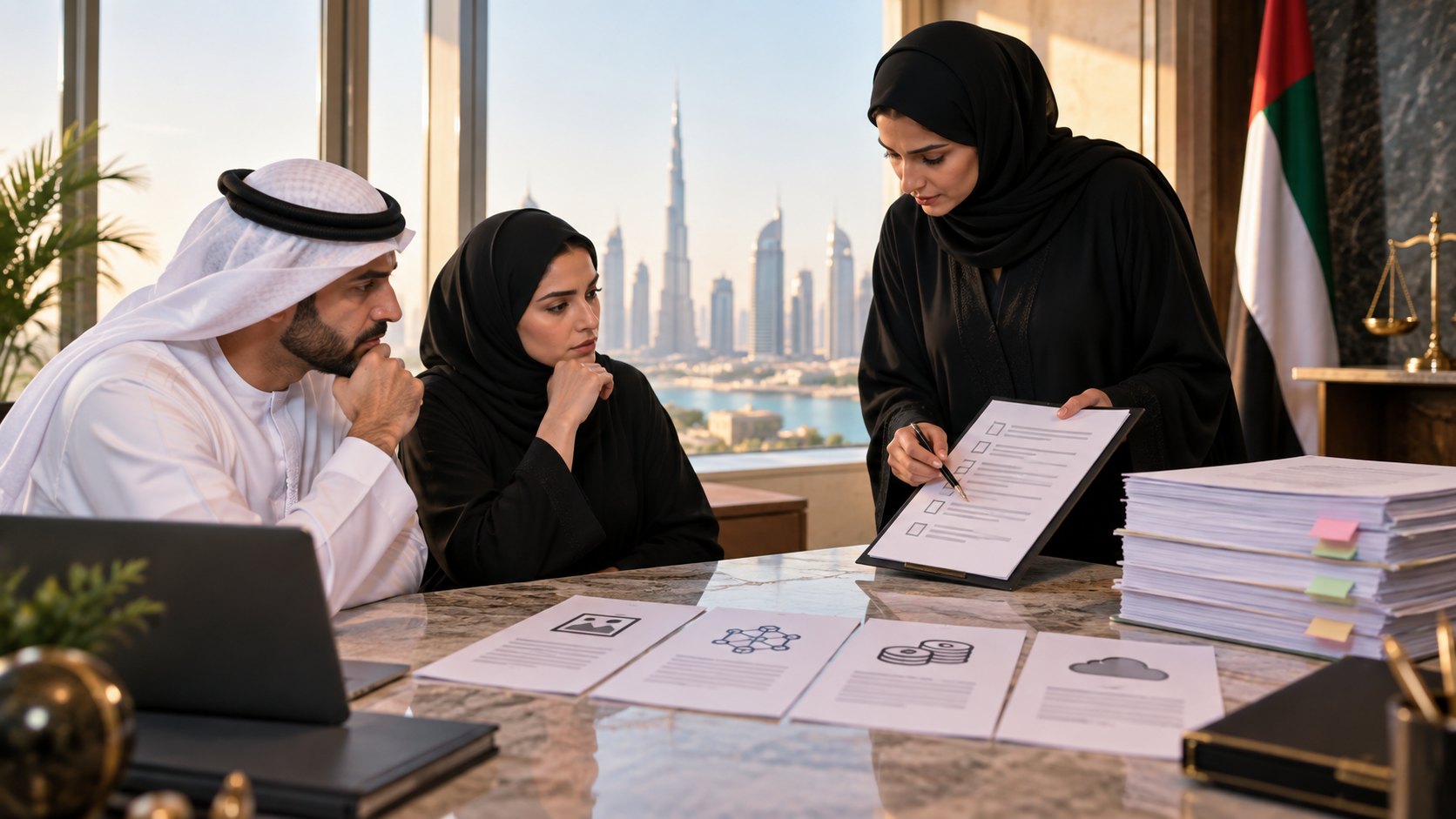 Woman presents a clipboard to two seated colleagues beside tabbed file stacks and brass scales
