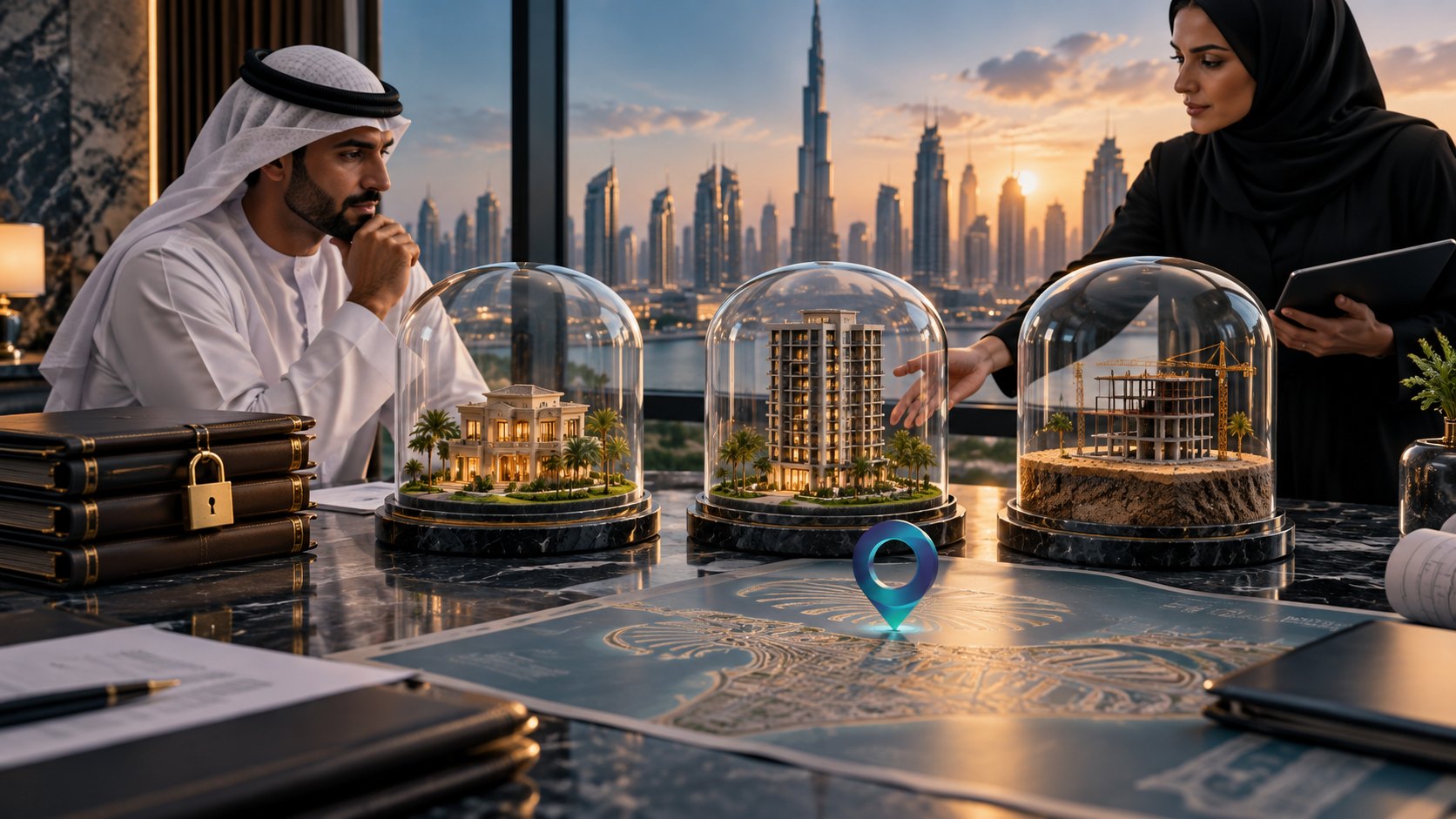 Three glass domes covering scale models of a villa, a tower and a plot on a map