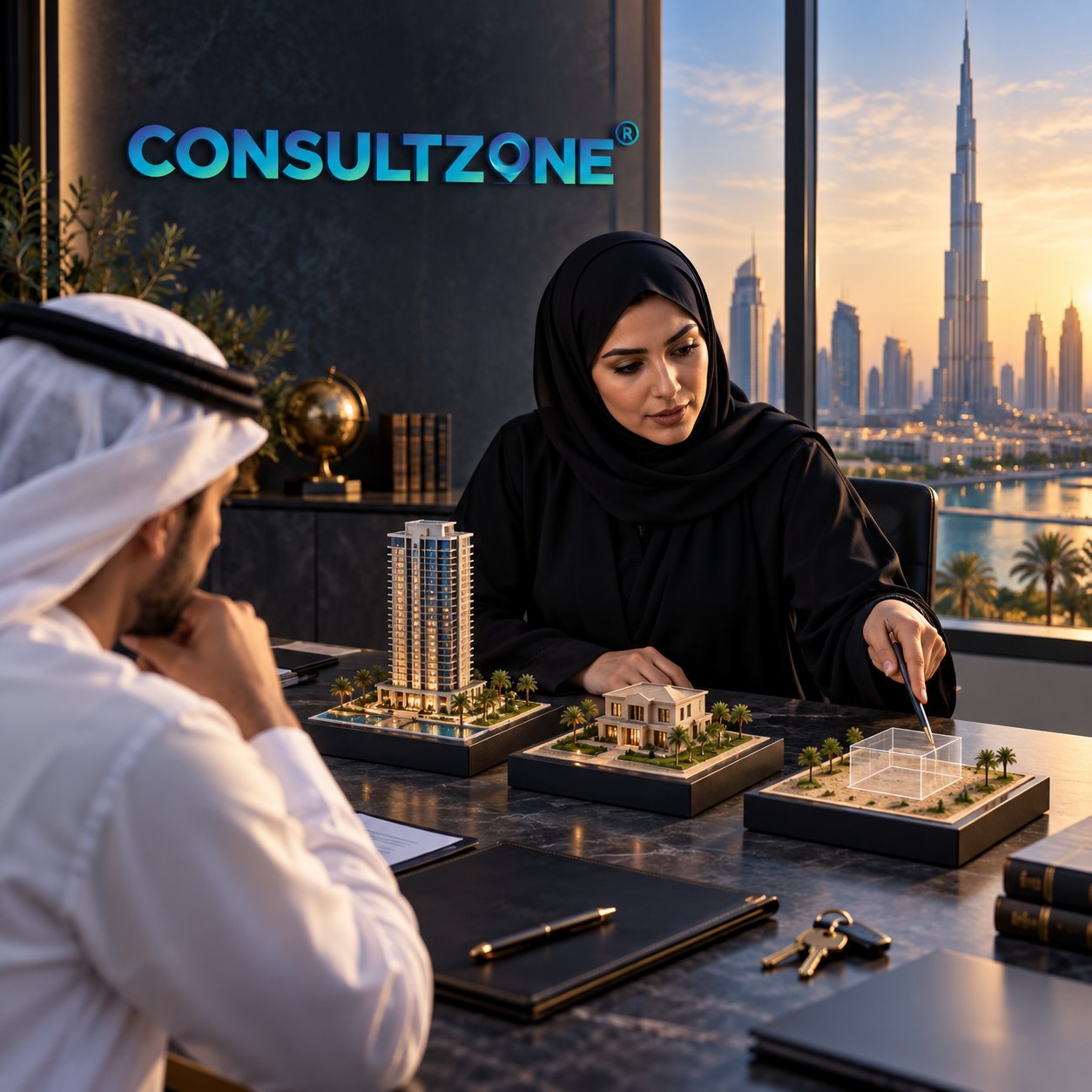 Adviser presents three scale models across a desk: a tower, a villa and a bare plot