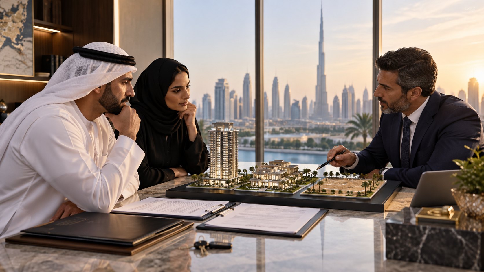 Consultant gestures over a scale model of a waterfront tower for two seated clients