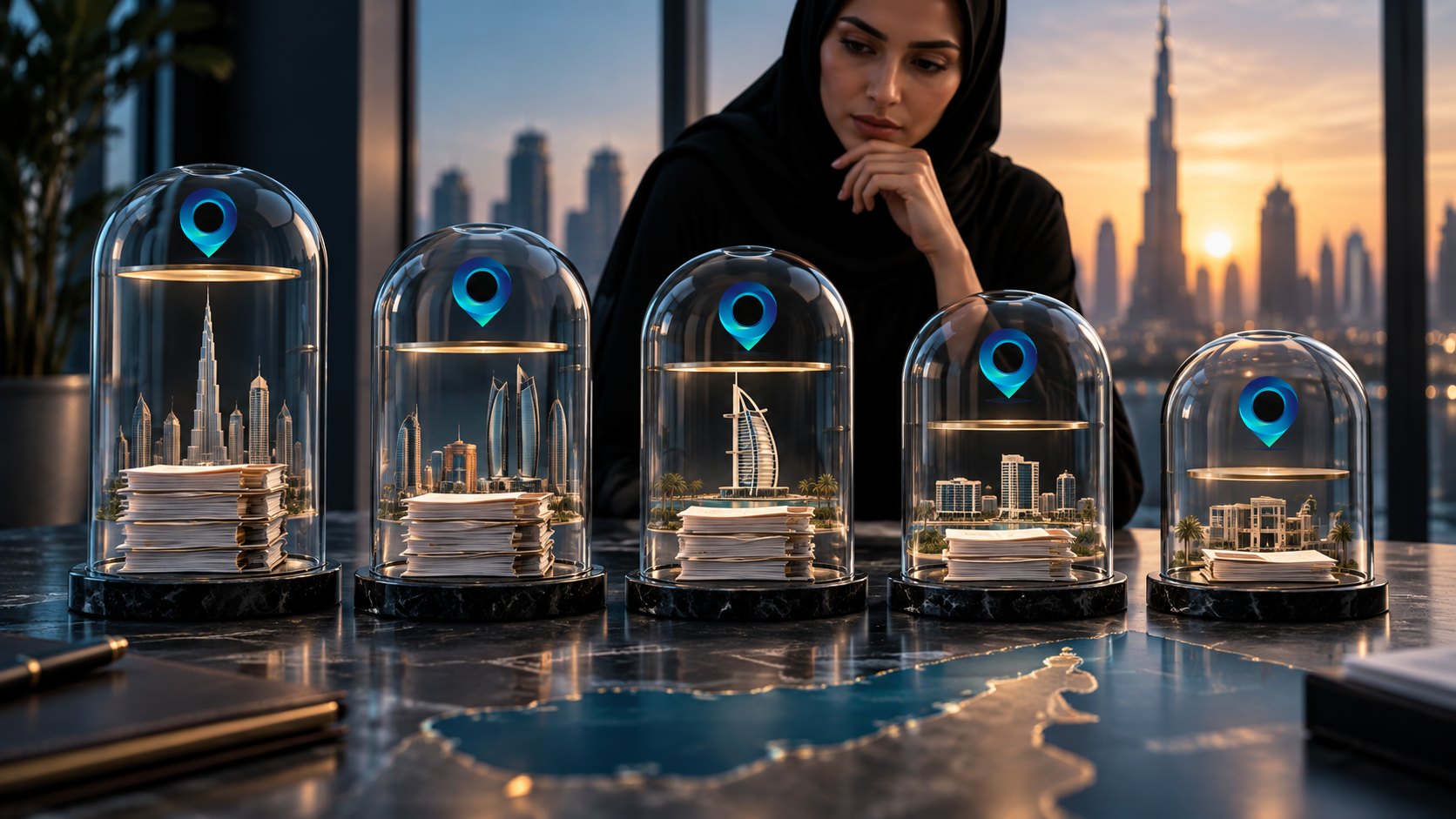 Bell jars over paper stacks and gold landmarks, each tagged with a floating map pin