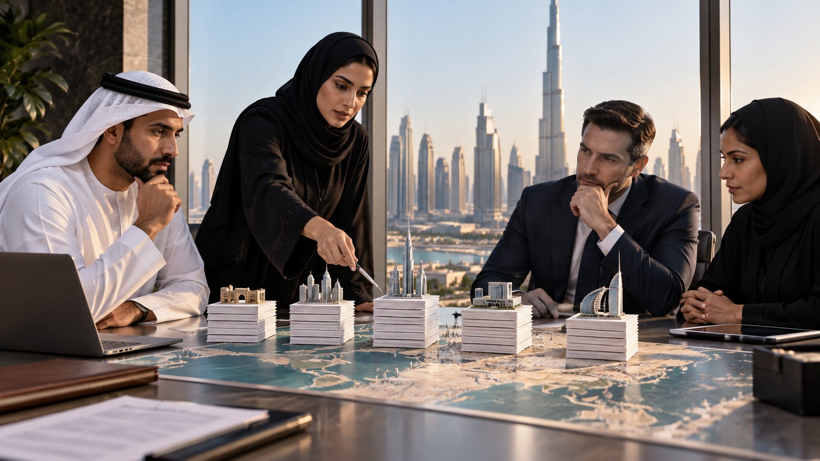 Woman points at small building models on a boardroom table while three colleagues lean in
