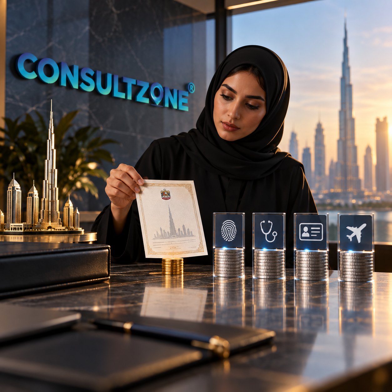 Woman holds a certificate above coins beside lit blocks marked fingerprint, stethoscope, identity card and aeroplane