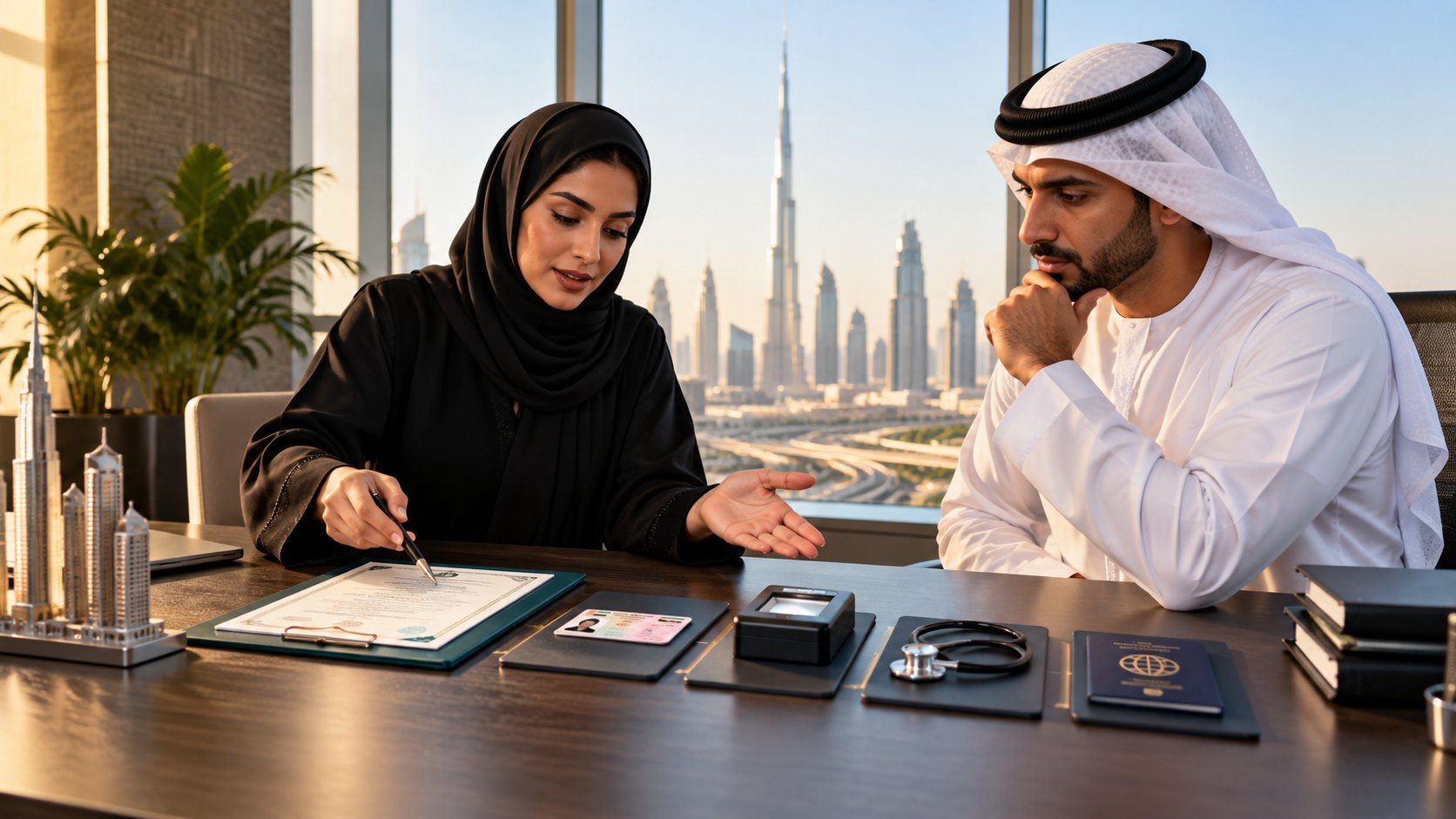 Adviser writes on a clipboard beside identity cards, a fingerprint scanner, a stethoscope and passports