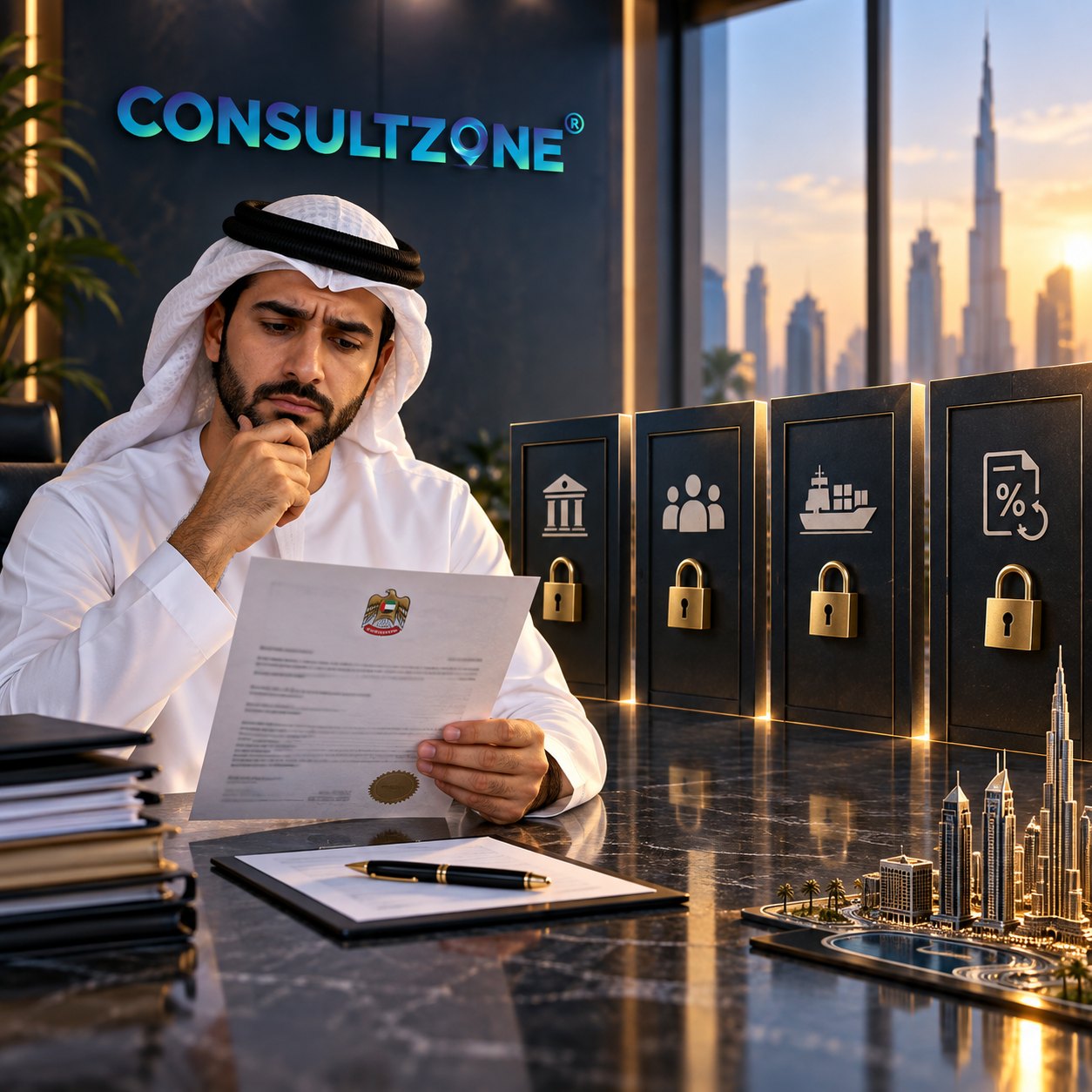 Man reads a sealed certificate facing four padlocked panels marked bank, people, ship and percentage