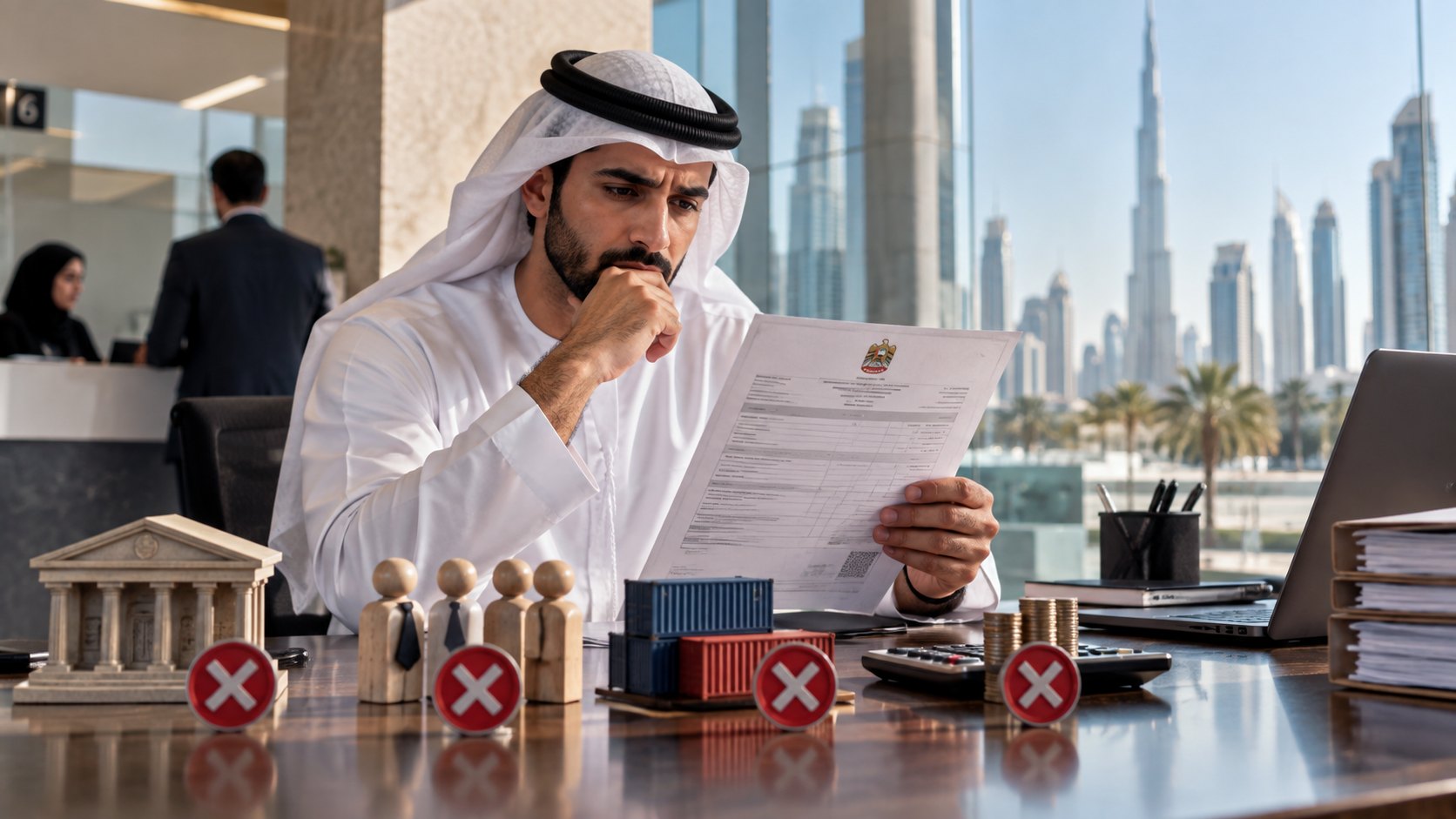 Man studies a licence at a desk where a bank, figurines and containers each carry a red cross