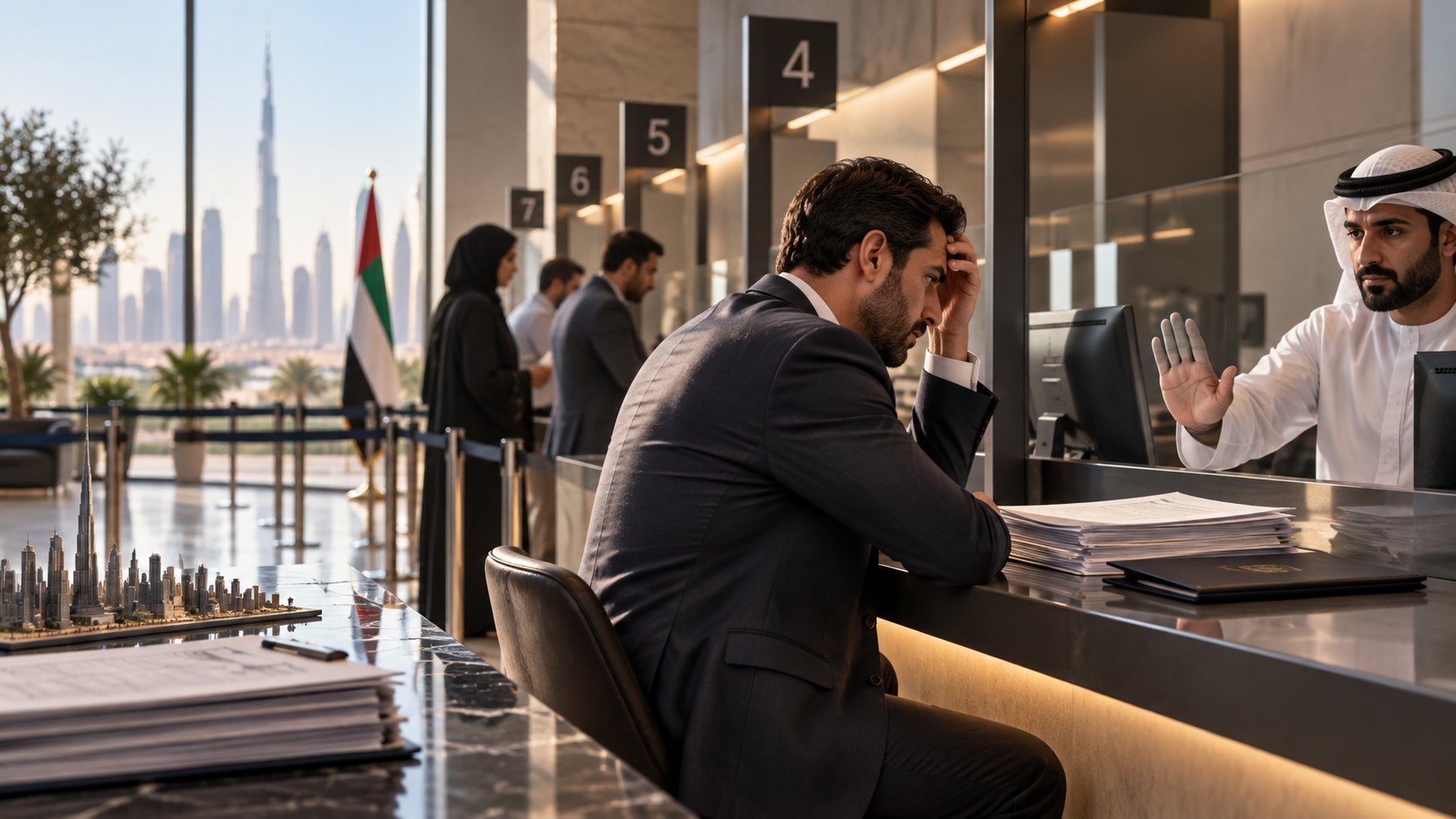 Man in a suit slumps head in hands at a service counter while a clerk gestures